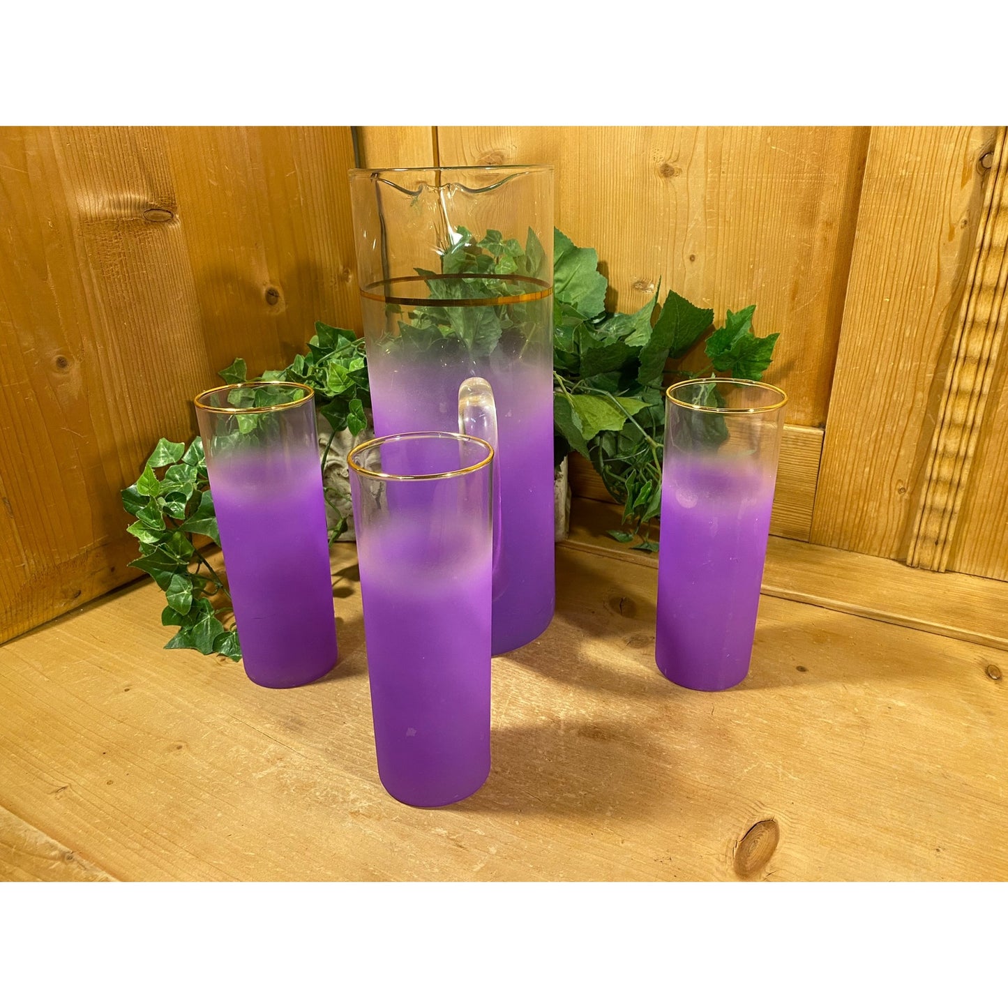 Vintage Blendo Frosted Purple Glass Pitcher and Tumblers - Set of 4 | Midcentury Modern Drinkware Set | Purple Ombre Glass Pitcher + Glasses