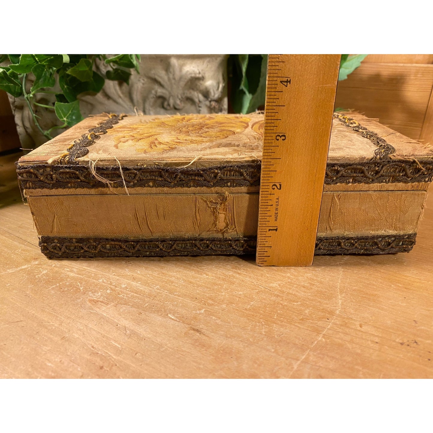 Antique Floral Fabric-Covered Writing Box with Fancy Trim | Victorian Dresser Decor | Wooden Decorative Box with Hinged Lid | Shabby Chic