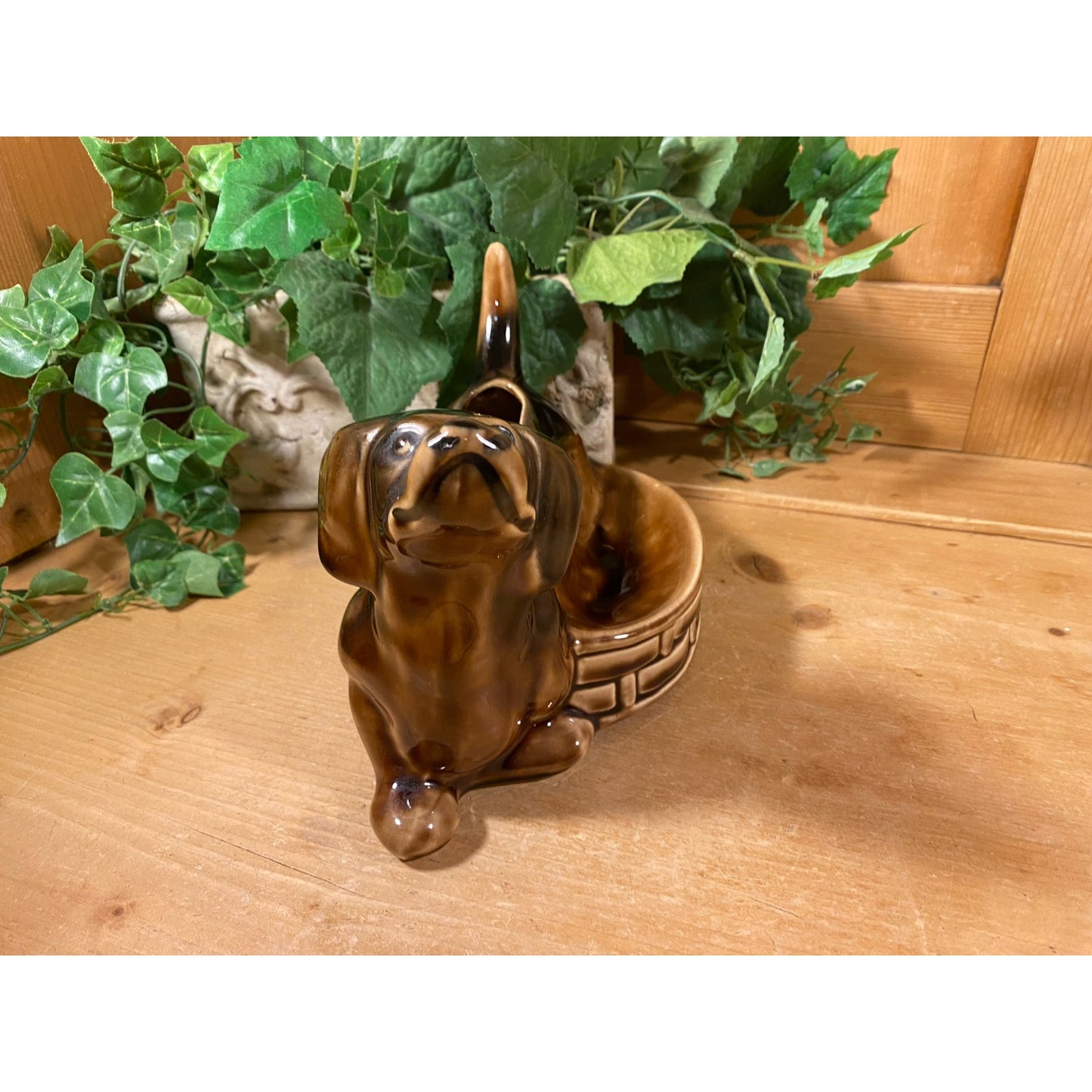 Vintage Brown Ceramic Dachshund Planter | Weiner Dog Planter | Midcentury Modern Table Decor | Vintage Brown Dog Planter | MCM Shelf Decor