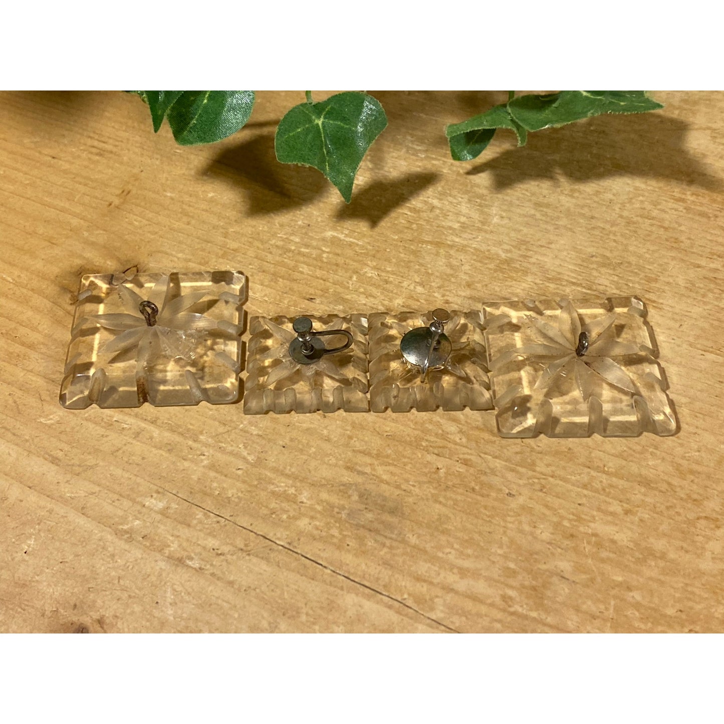 Vintage Clear Lucite Starburst Jewelry: 2 Clip-On Earrings and 2 Buttons | Midcentury Modern Jewelry Set | Matching Plastic Earrings/Buttons