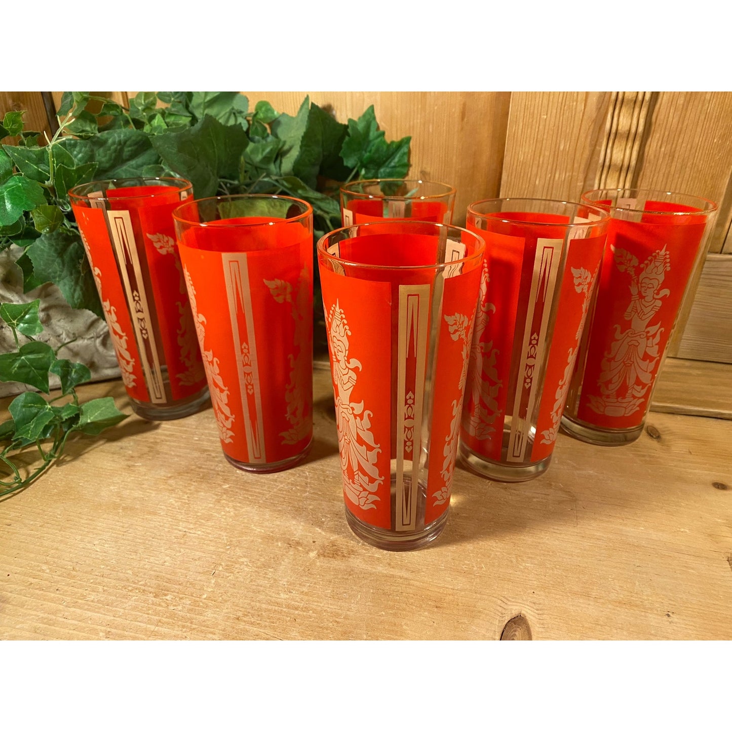 Vintage Red Thai Princess Glasses - Set of 6 | Culver | Midcentury Modern Drinking Glasses (B) | Thai Goddess | Academia | Goddess Glasses