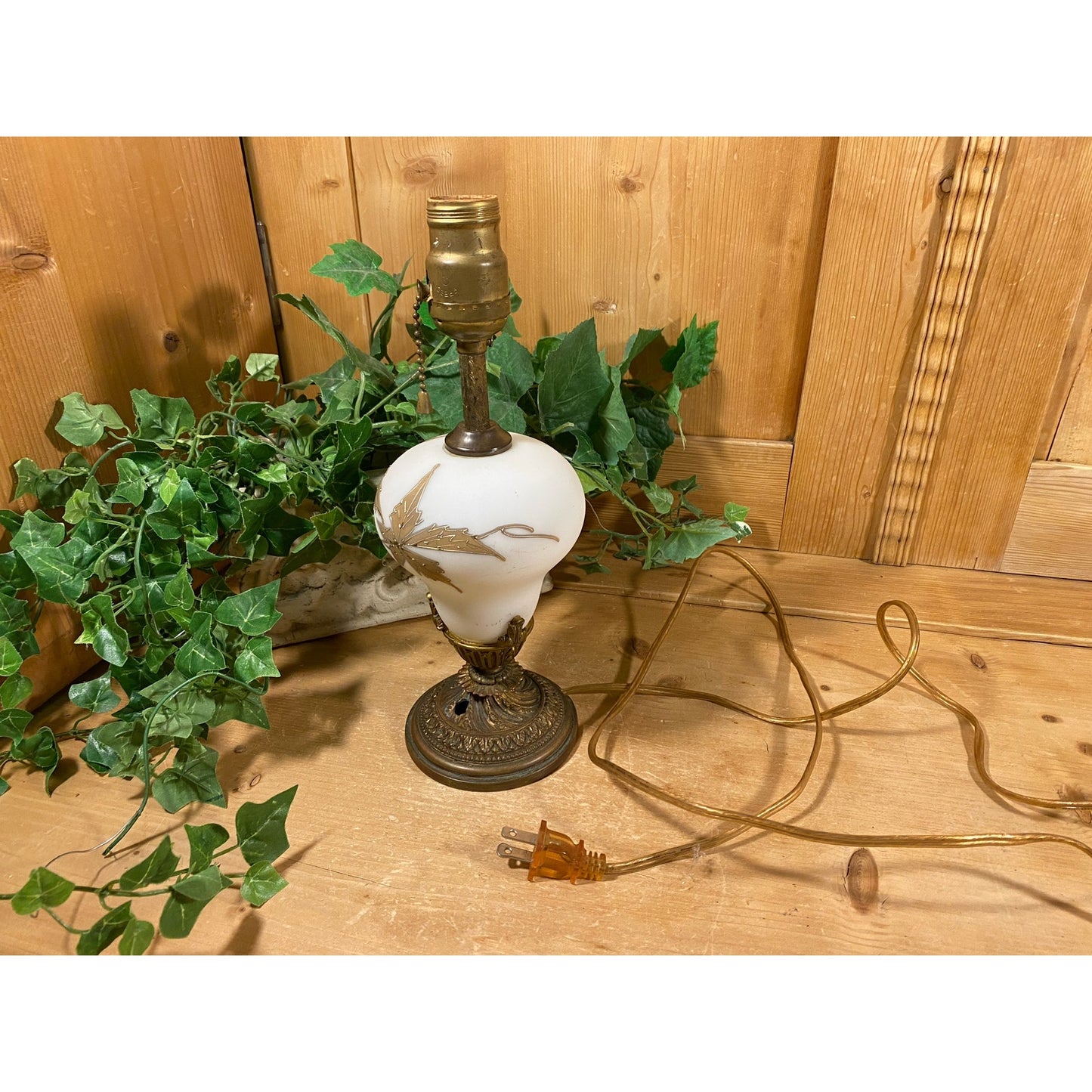 Vintage Frosted White Glass Lamp Base with Golden Leaves | Rewired Victorian Table Lamp | Shabby Chic Glass + Metal Living Room Lamp