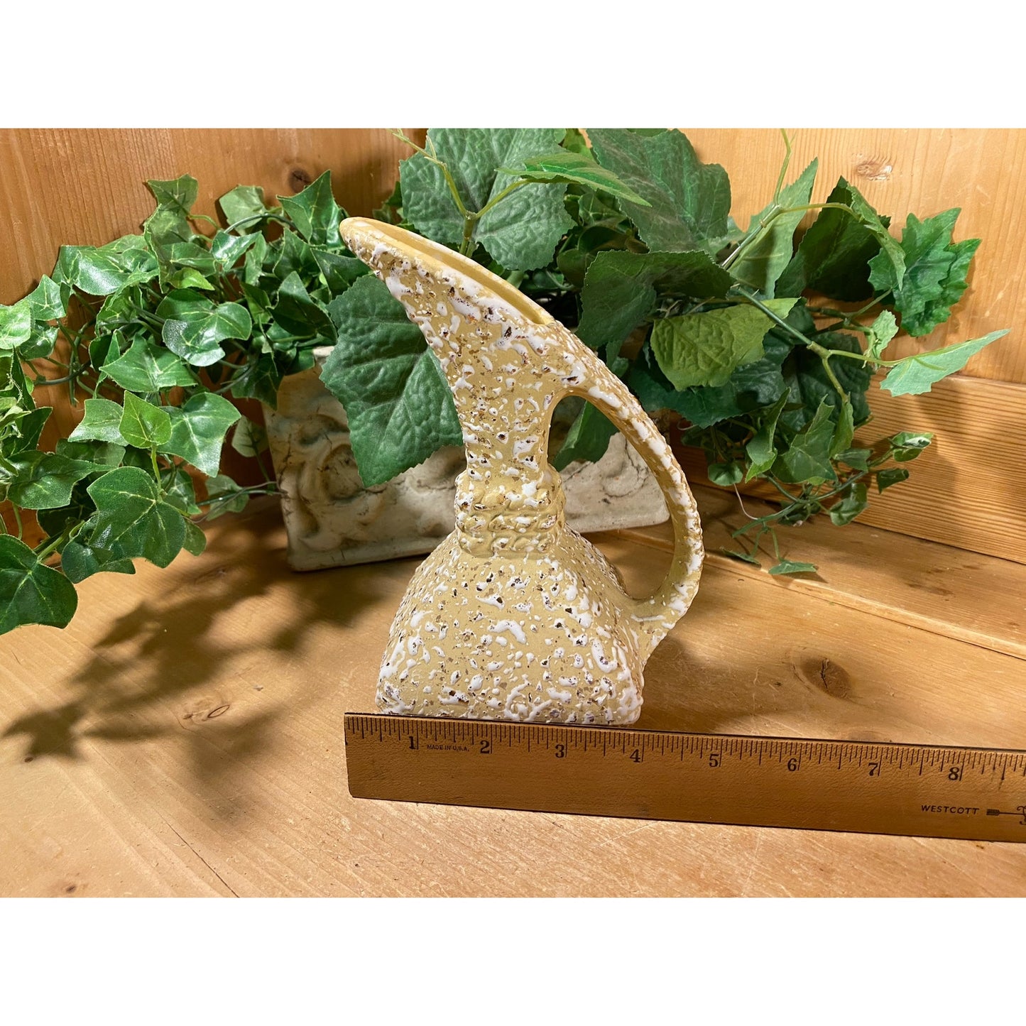 Vintage Cream Splatter Pottery Pitcher | Savoy Art Pottery | Slender Water Pitcher with Squared Base | 1970s Kitchen | Midcentury Modern