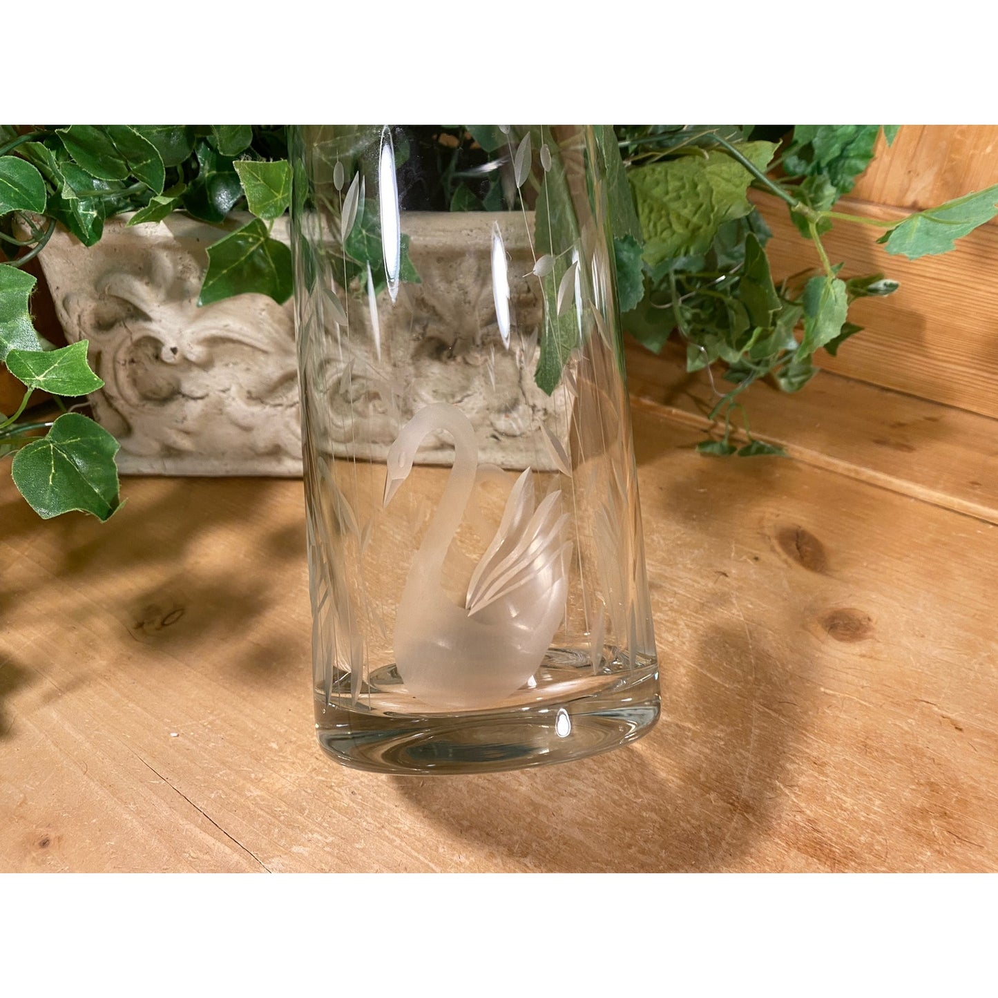 Vintage Clear Round Etched Glass Swan Vase | Round Glass Swan Flower Vase | Cottagecore Table Decor | Swans | Swan Decor | Etched Glass Vase