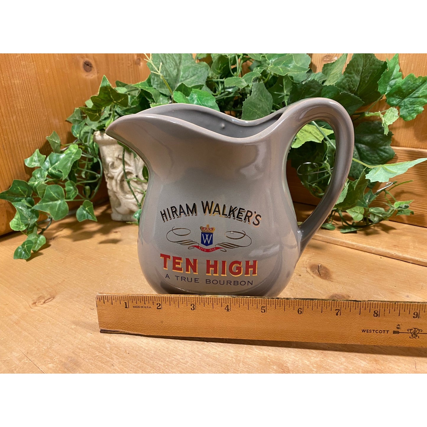 Vintage Hiram Walker Ten High Kentucky Bourbon Pitcher | Gray Ceramic Pitcher | Vintage Advertising | 1960s | Midcentury Barware | Academia