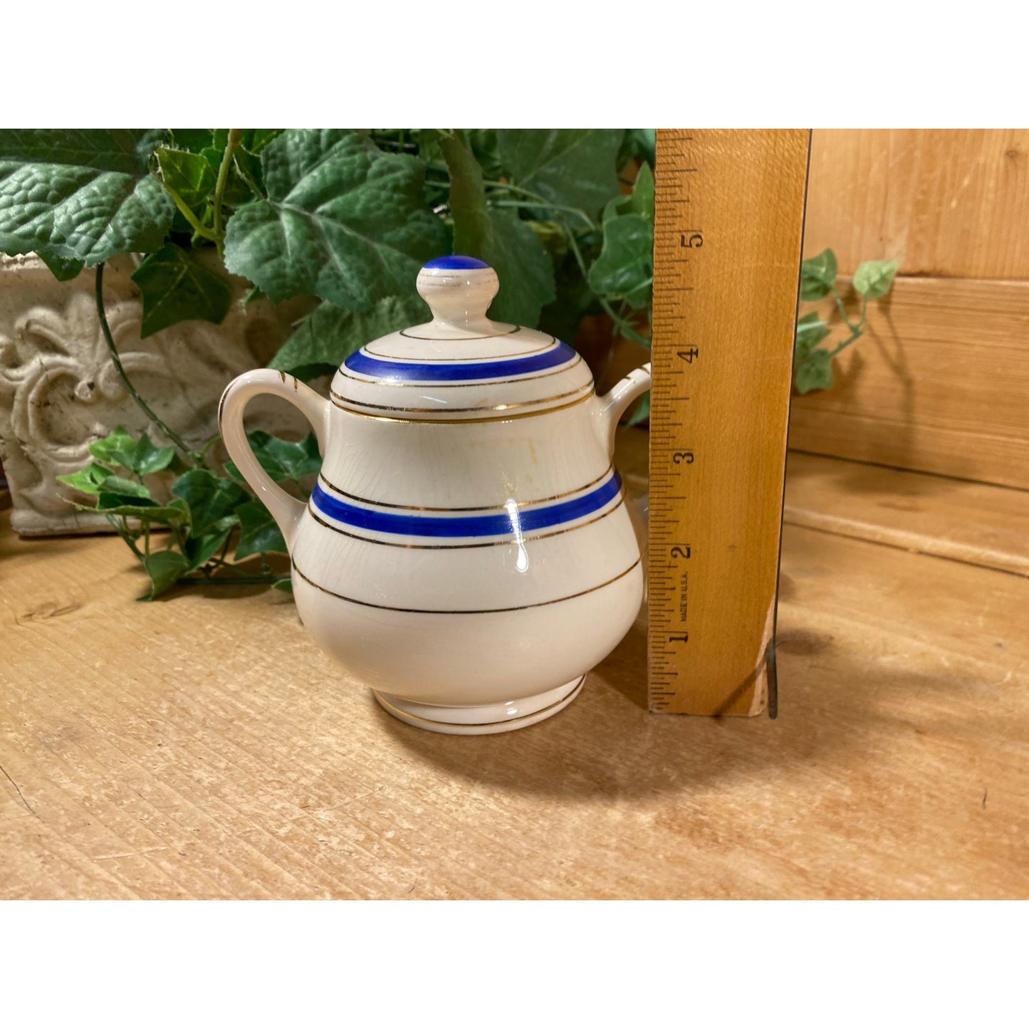 Vintage Striped Porcelain Sugar Bowl with Lid | Crooksville China Co. | Made In USA | Pasmantier Pattern | Blue and Gold | Victorian Tea