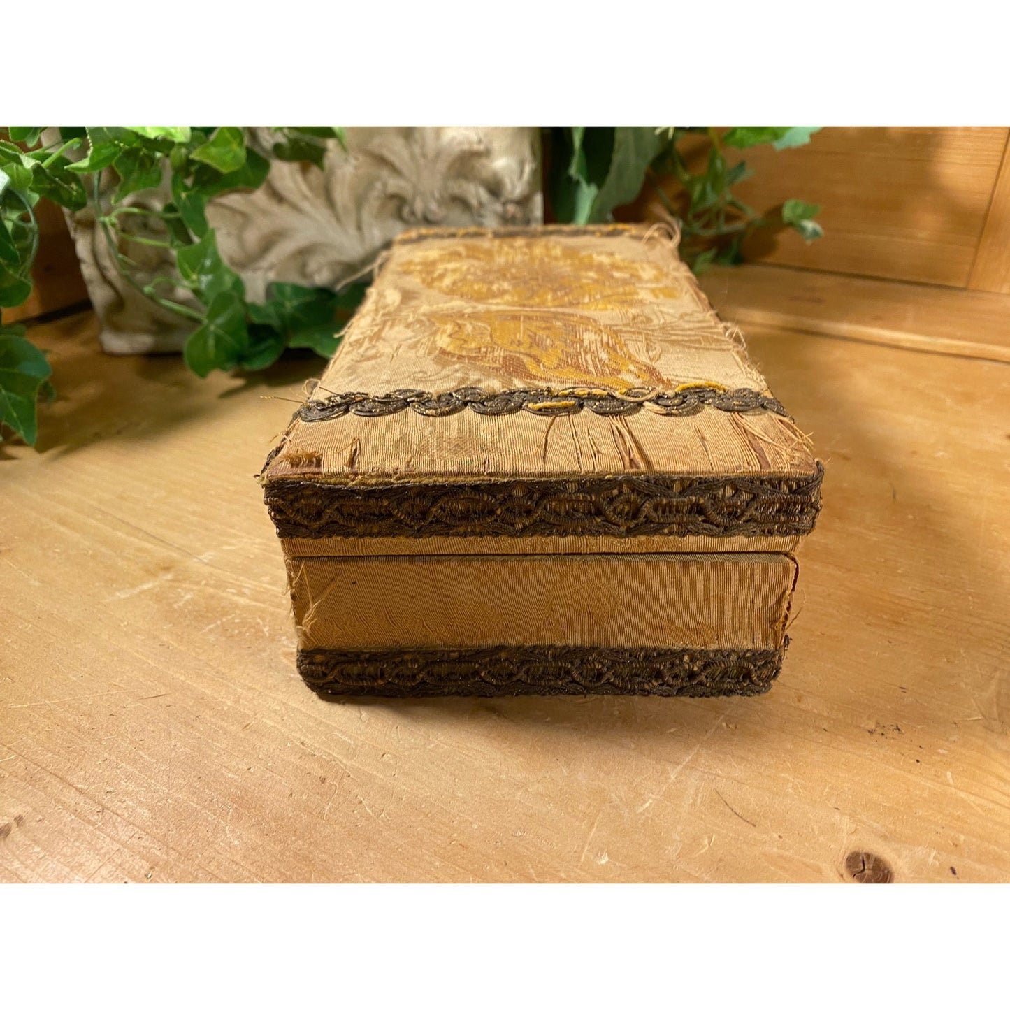 Antique Floral Fabric-Covered Writing Box with Fancy Trim | Victorian Dresser Decor | Wooden Decorative Box with Hinged Lid | Shabby Chic