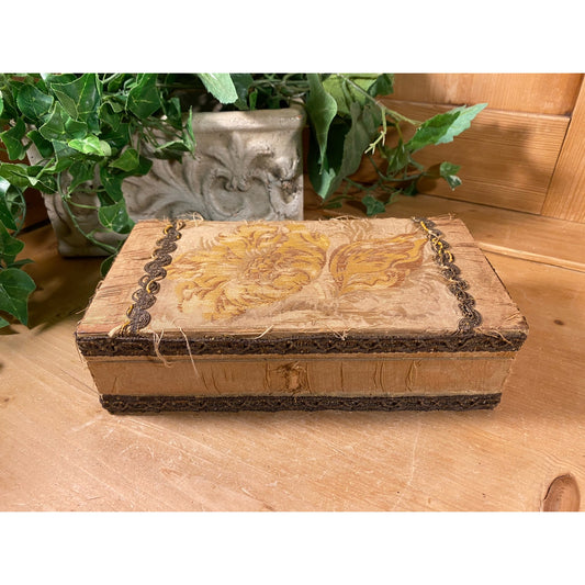 Antique Floral Fabric-Covered Writing Box with Fancy Trim | Victorian Dresser Decor | Wooden Decorative Box with Hinged Lid | Shabby Chic