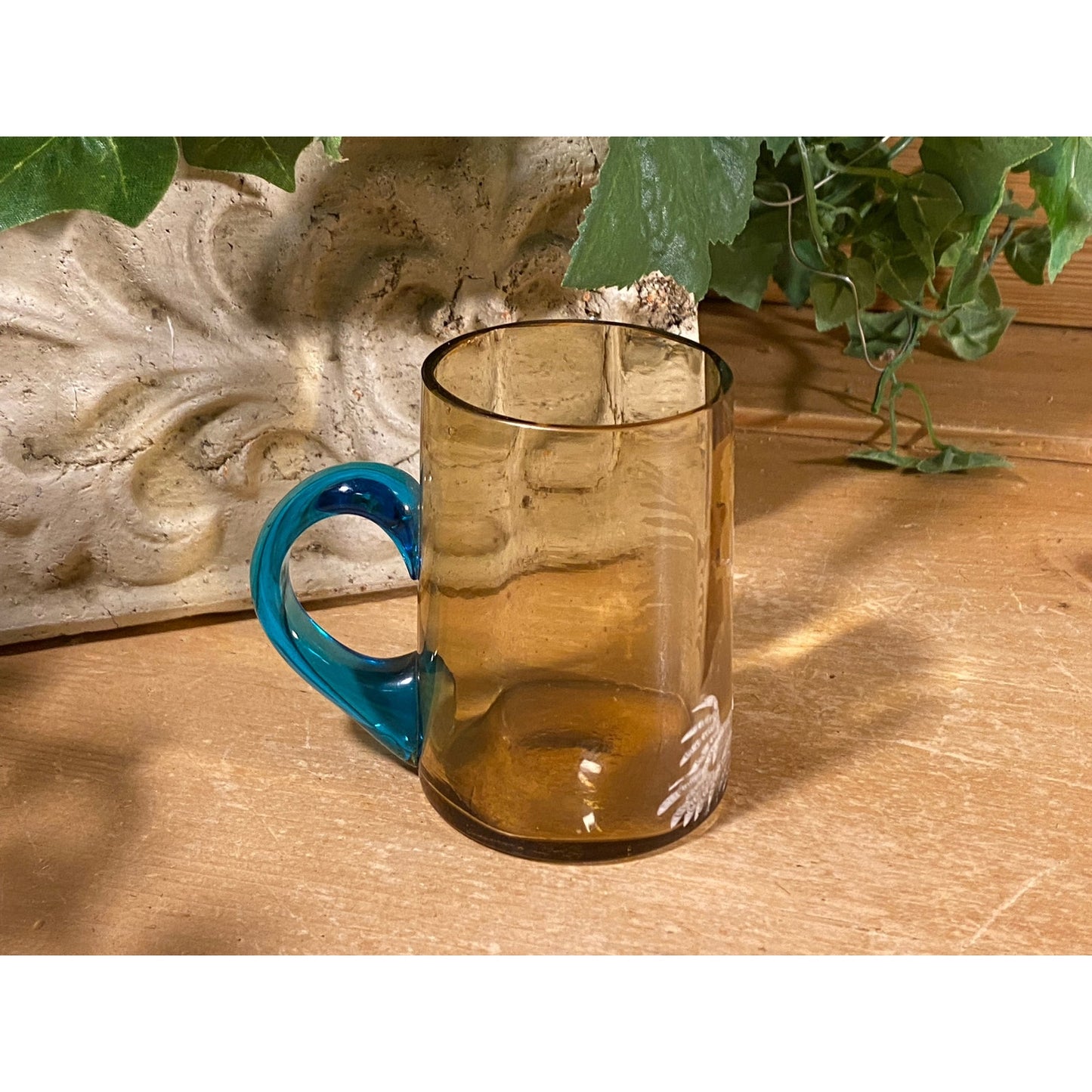Vintage Handblown Glass Silhouette Cup | Mary Gregory | Brown Glass with Blue Ring Handle | Art Glass with Girl In A Field | Shabby Chic