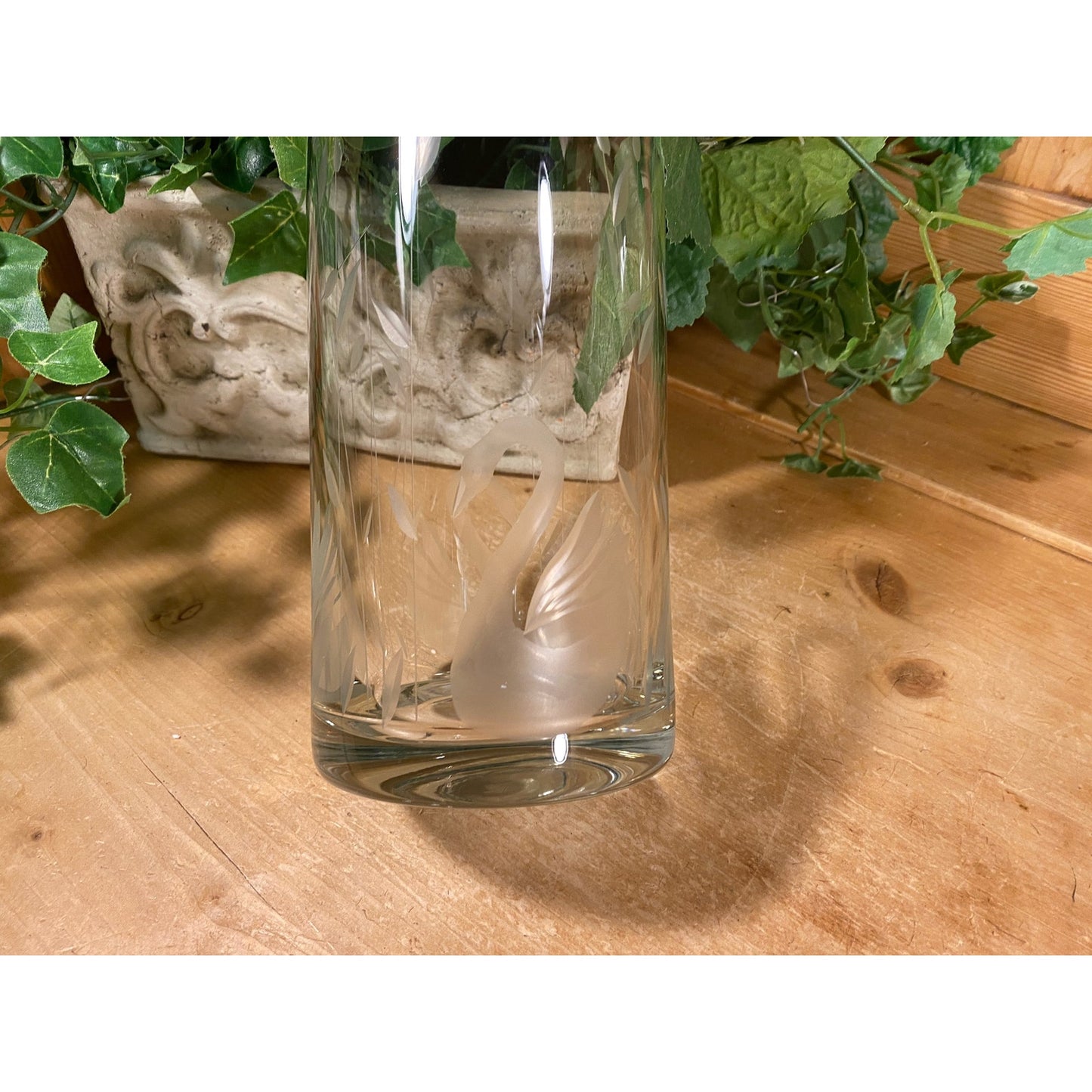 Vintage Clear Round Etched Glass Swan Vase | Round Glass Swan Flower Vase | Cottagecore Table Decor | Swans | Swan Decor | Etched Glass Vase