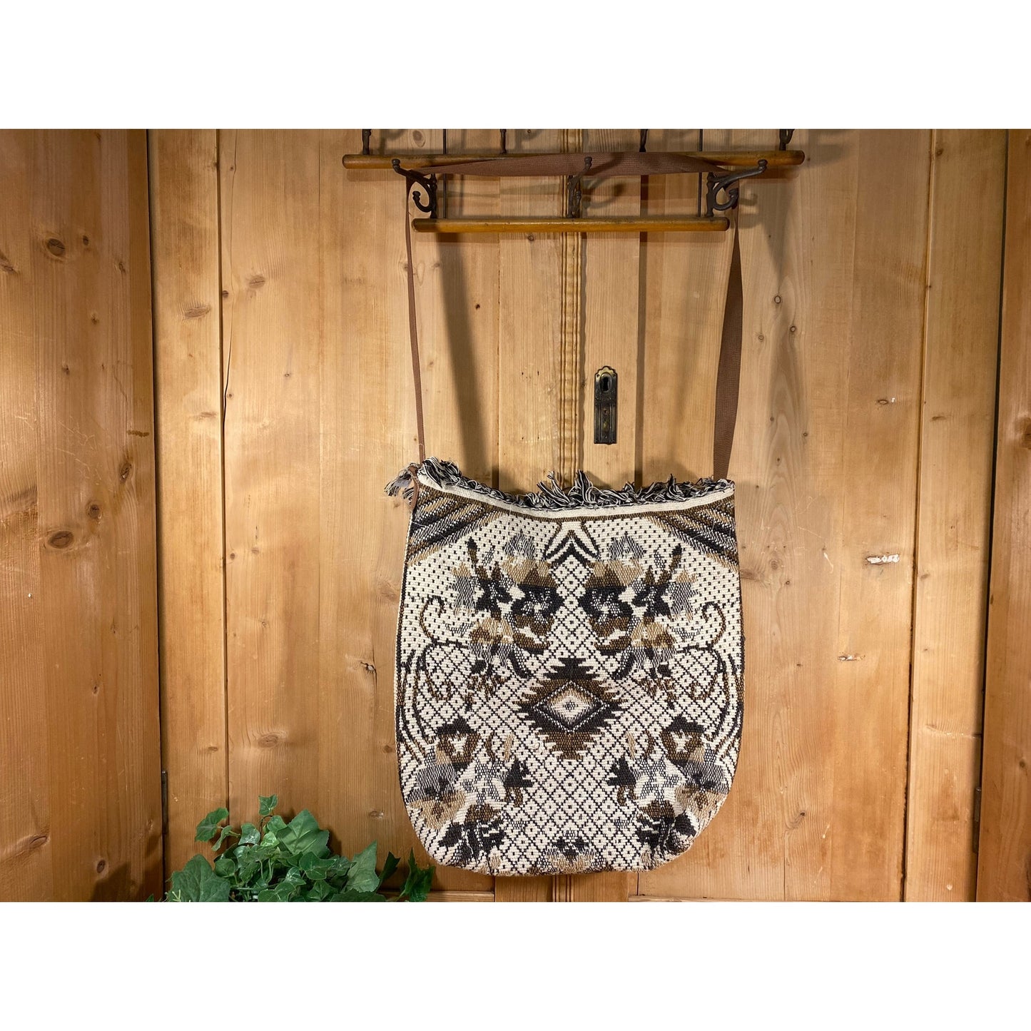 Vintage Handcrafted Tapestry Blanket Handbag with Fringe Trim | Handmade Boho Knit Shoulder Bag | Bohemian Handbag | Neutrals | Boho Handbag