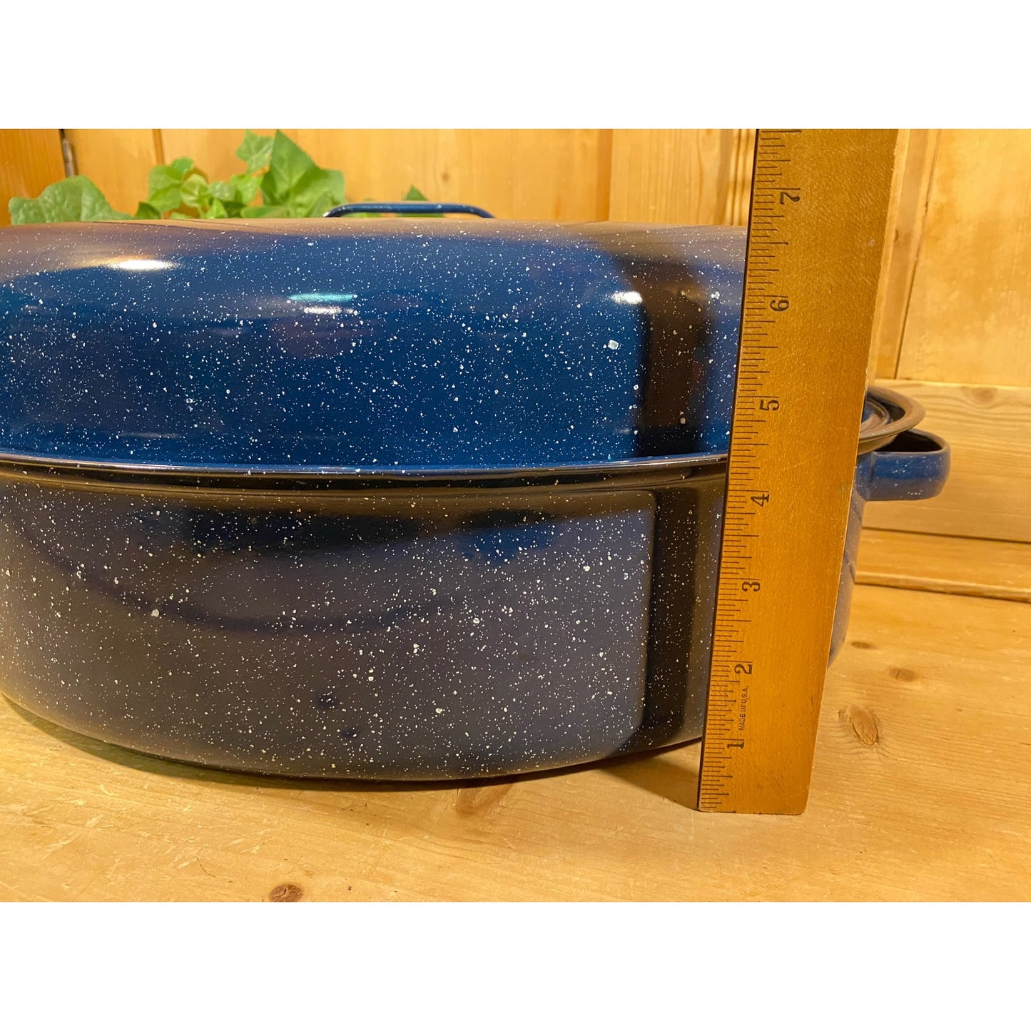 Vintage Large Blue Speckled Enamelware Roasting Pan | Enamel Roaster Pan with Cover | Metal Roaster with Juice Grooves | Farmhouse Kitchen