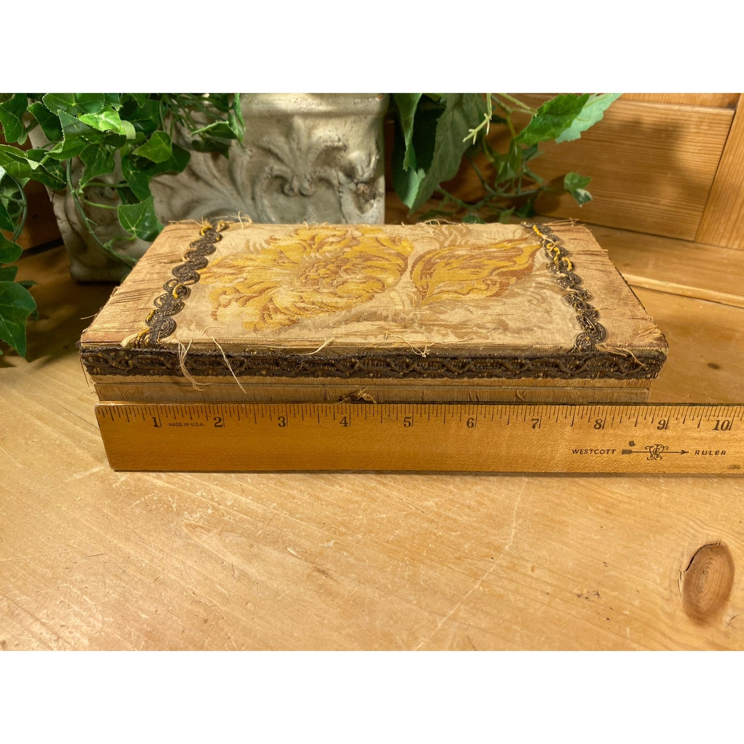 Antique Floral Fabric-Covered Writing Box with Fancy Trim | Victorian Dresser Decor | Wooden Decorative Box with Hinged Lid | Shabby Chic