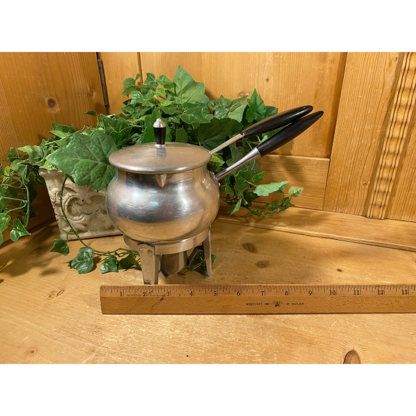 Vintage Aluminum Warming Pan 3 pc. Set | Fondue, Sauce, Milk | Spain | Pot, Base, Ladle | Aluminum + Black Bakelite | Midcentury Modern