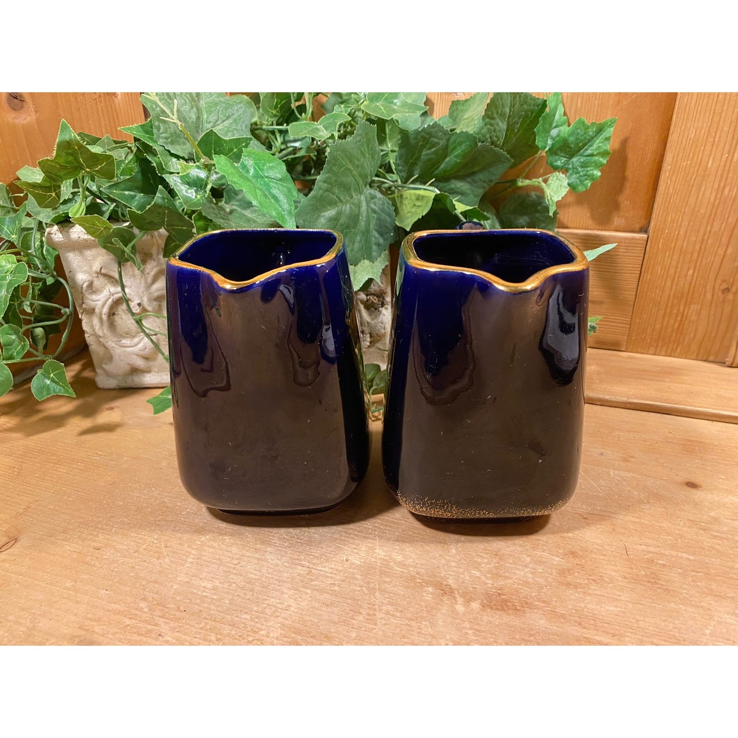 Vintage Seagram's VO Canadian Whiskey Pitchers - Set of 2 | Cobalt Blue Ceramic Whiskey Pitchers with Printed Logo | Academia | Home Bar