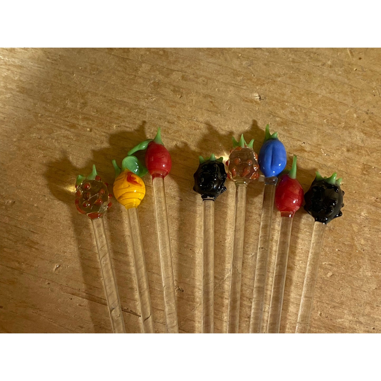 Vintage Art Glass Fruit Swizzle Sticks - Set of 8 | Art Glass Cocktail Stir Sticks | Midcentury Modern Drink Stir Sticks | Retro Barware