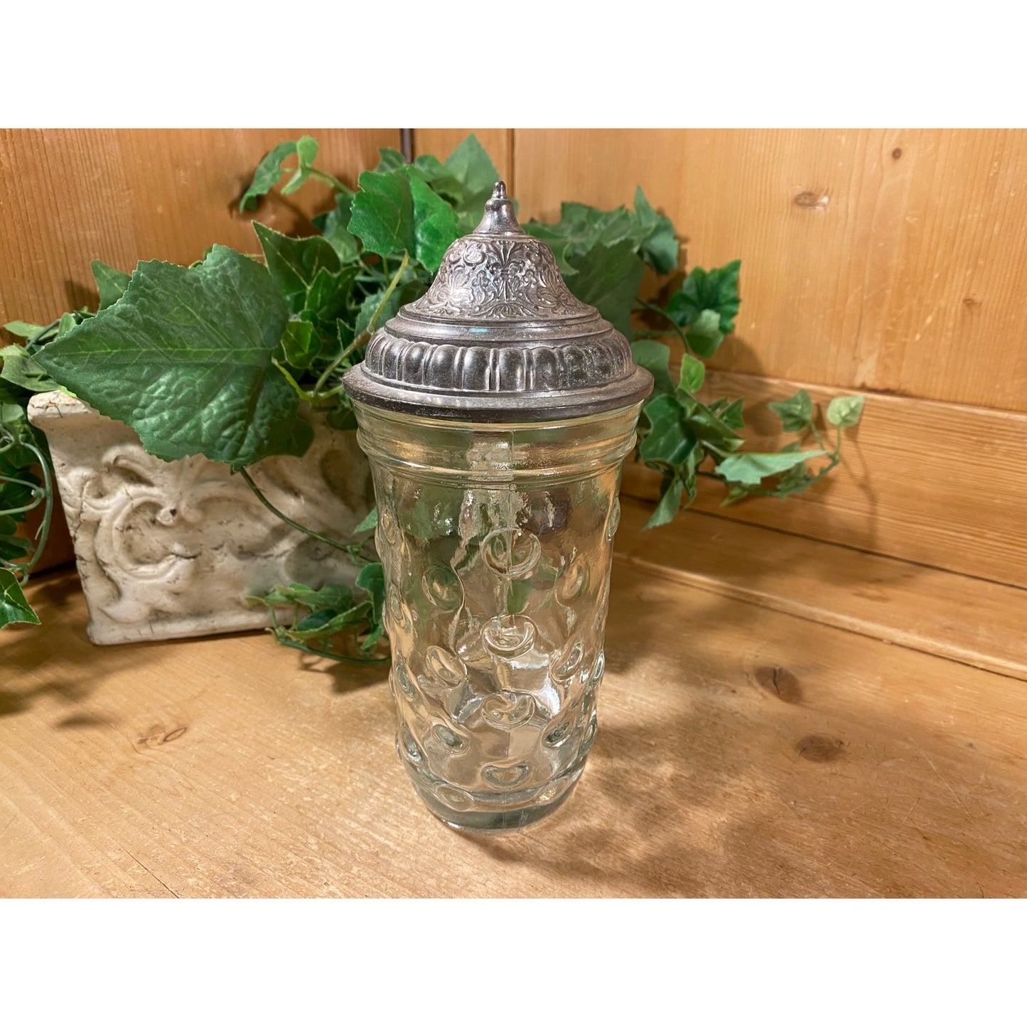 Vintage BMF Glass Coin Dot Horn-Shaped Beer Stein with Hinged Pewter Lid | Bayerische Metallwarenfabrik | 1960s Glass Beer Mug | Academia