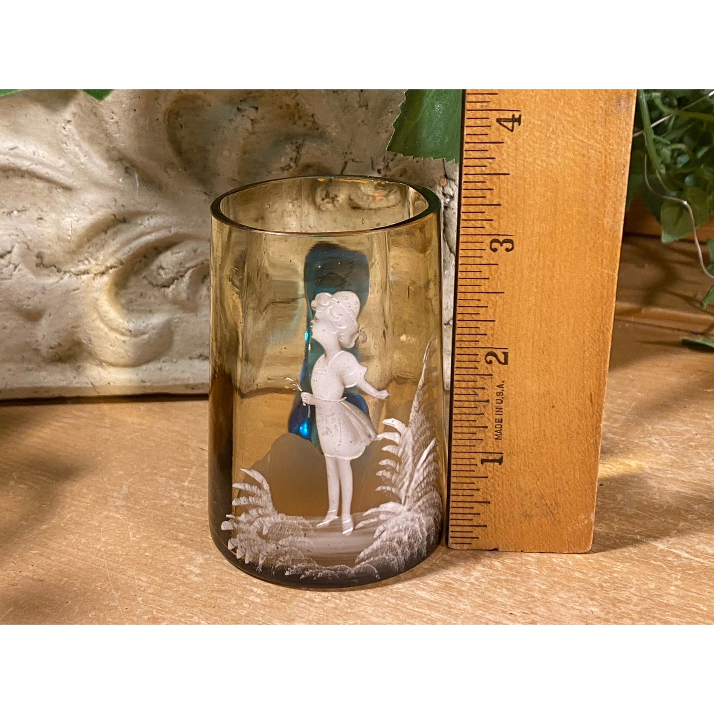 Vintage Handblown Glass Silhouette Cup | Mary Gregory | Brown Glass with Blue Ring Handle | Art Glass with Girl In A Field | Shabby Chic