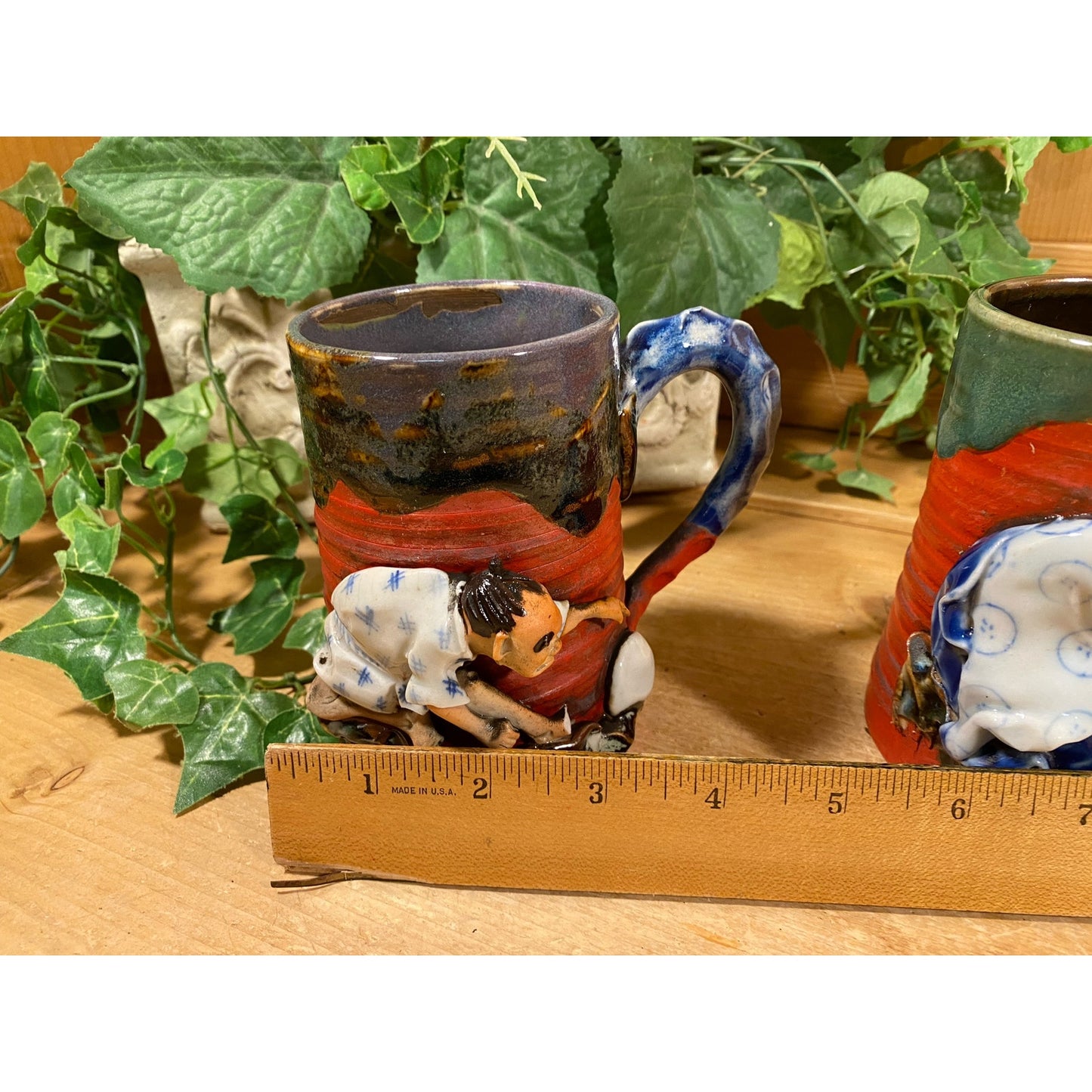 Antique Japanese Sumida Gawa Mugs -Set of 2 | Indue Ryosai Pottery | Asian | Vintage Glazed Pottery Art Mugs with 3D Figures | Academia