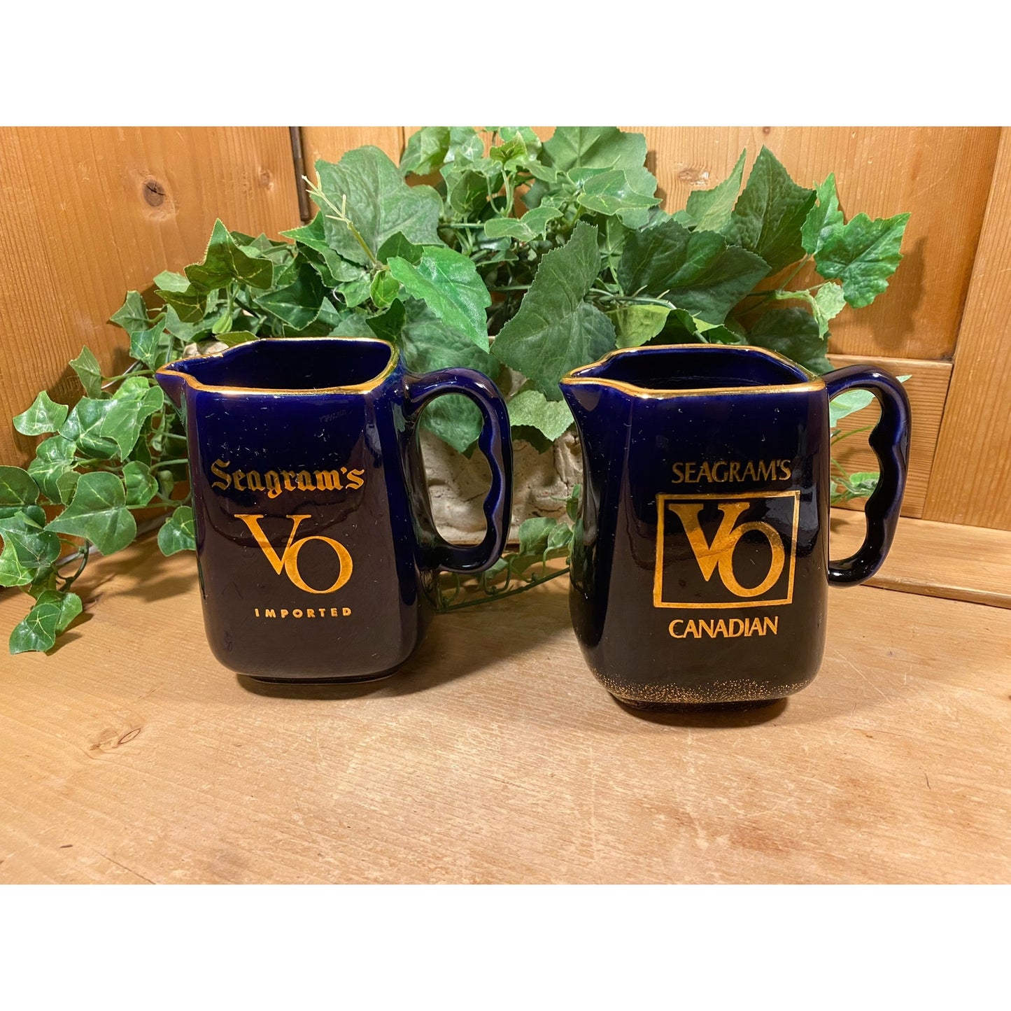 Vintage Seagram's VO Canadian Whiskey Pitchers - Set of 2 | Cobalt Blue Ceramic Whiskey Pitchers with Printed Logo | Academia | Home Bar