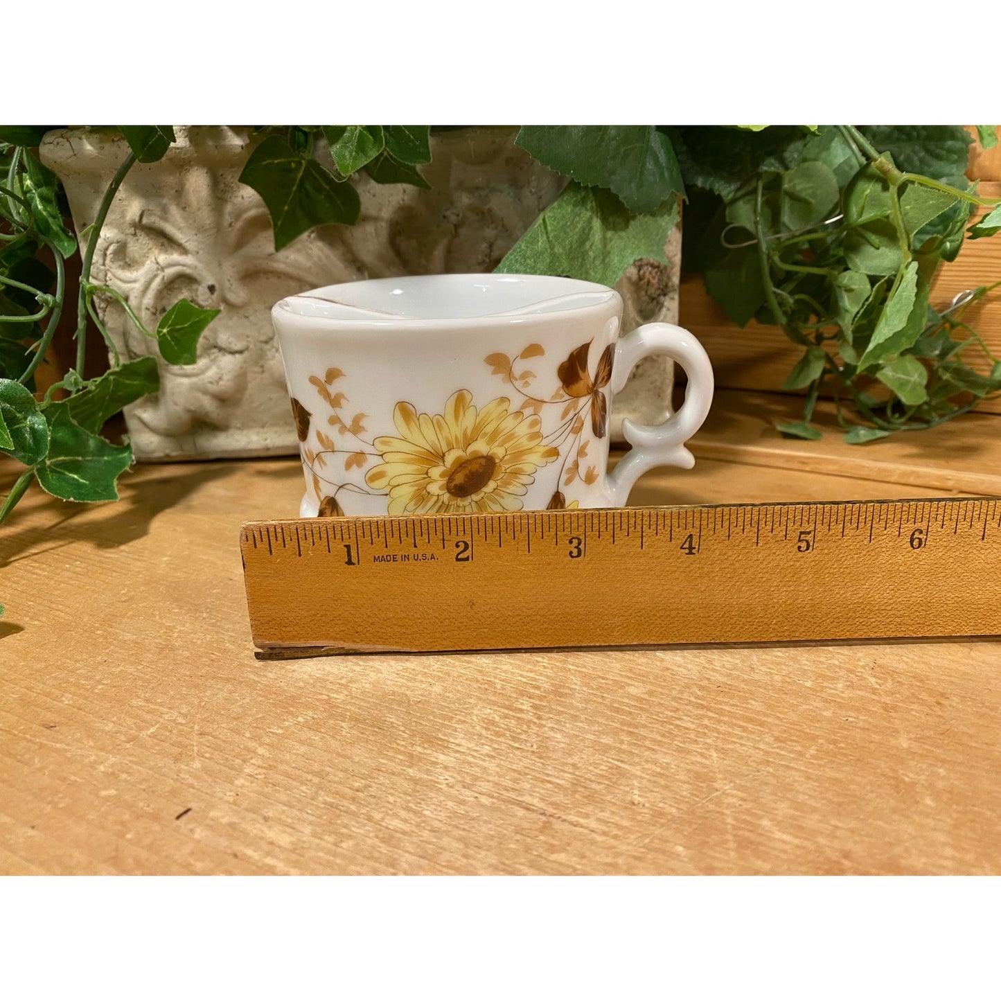Vintage Floral Moustache Mug | White Mug with Yellow, Brown, and Blue Flowers | Shabby Chic Divided Mug | Victorian Mug | Flowered Mug