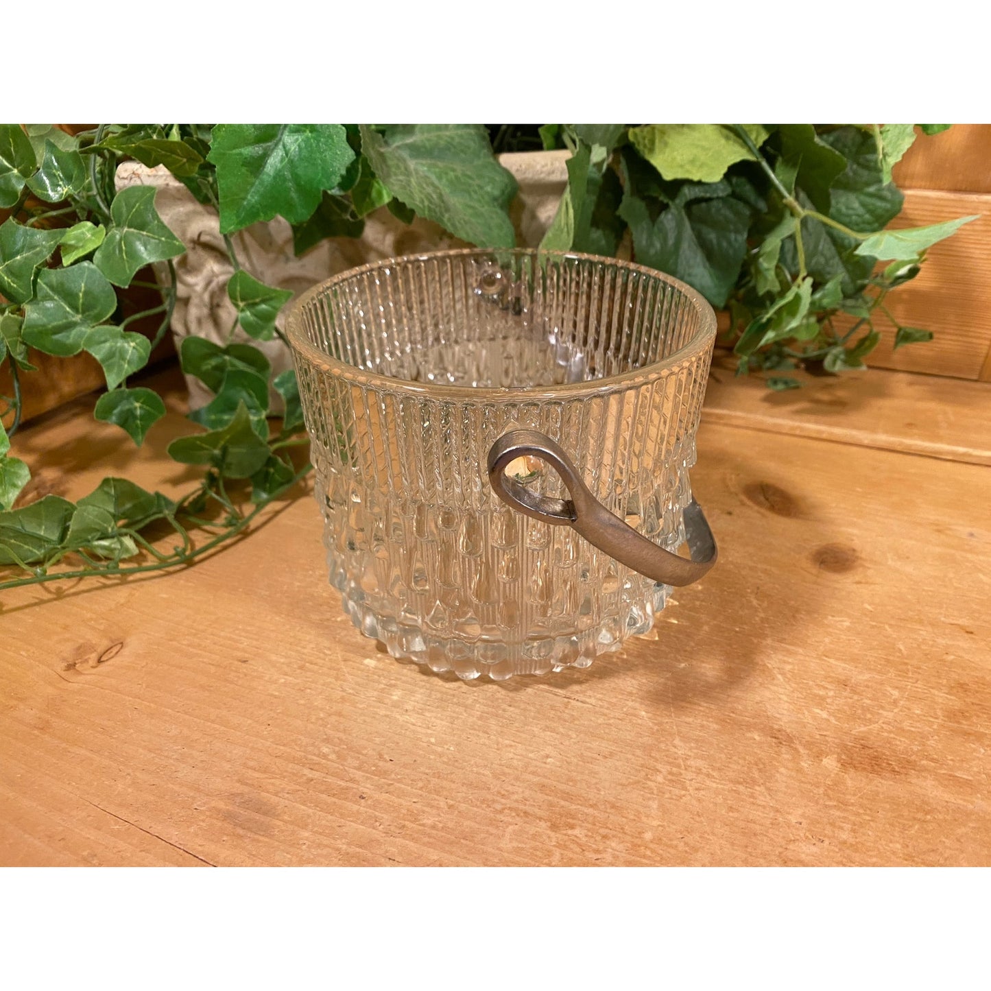 Vintage Round Clear Glass Ice Bucket with Metal Handle | Teleflora | Wine Chiller | MCM | Champagne Bucket | Ice Pail | Midcentury Modern