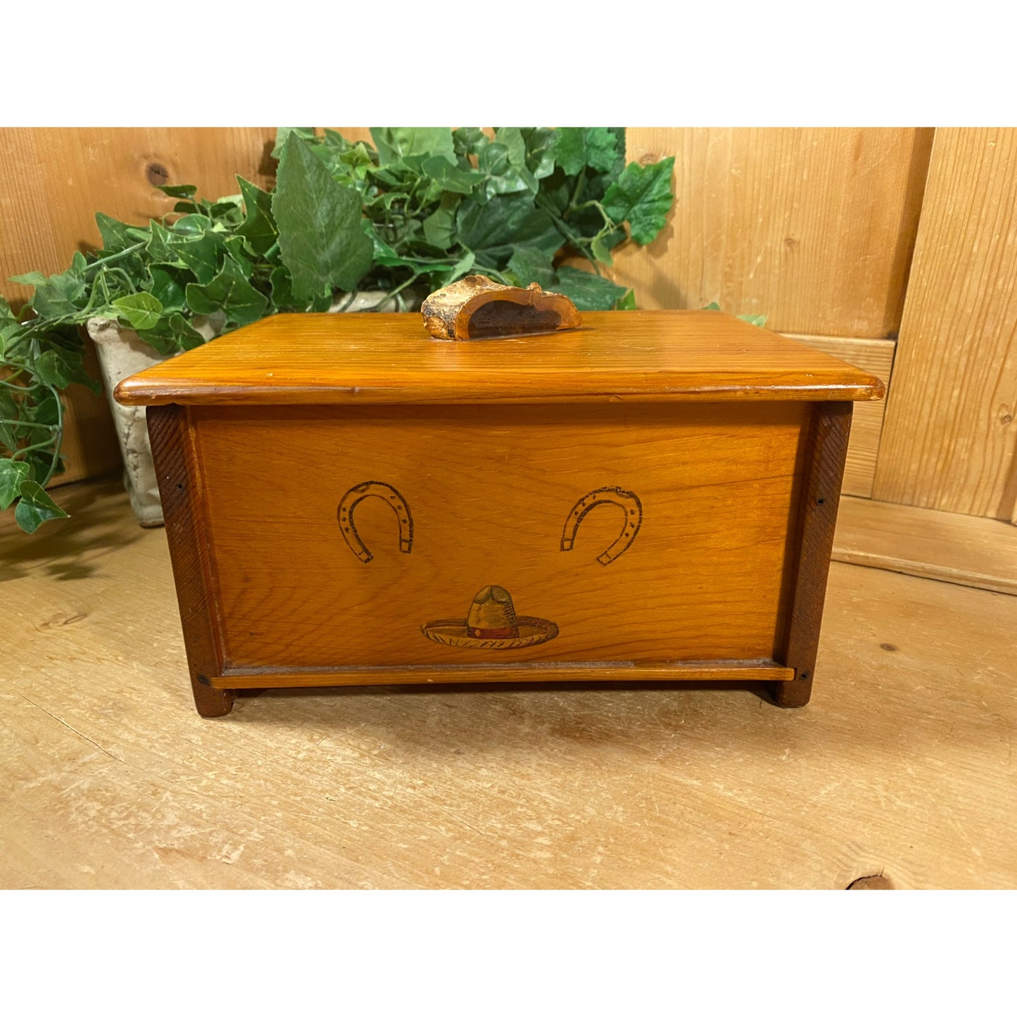 Vintage Hand-Painted Wooden Jewelry Box with Lid | Palm Trees and Cactus | Crystal City, TX | Inscription - 1944 | Midcentury Keepsake Box