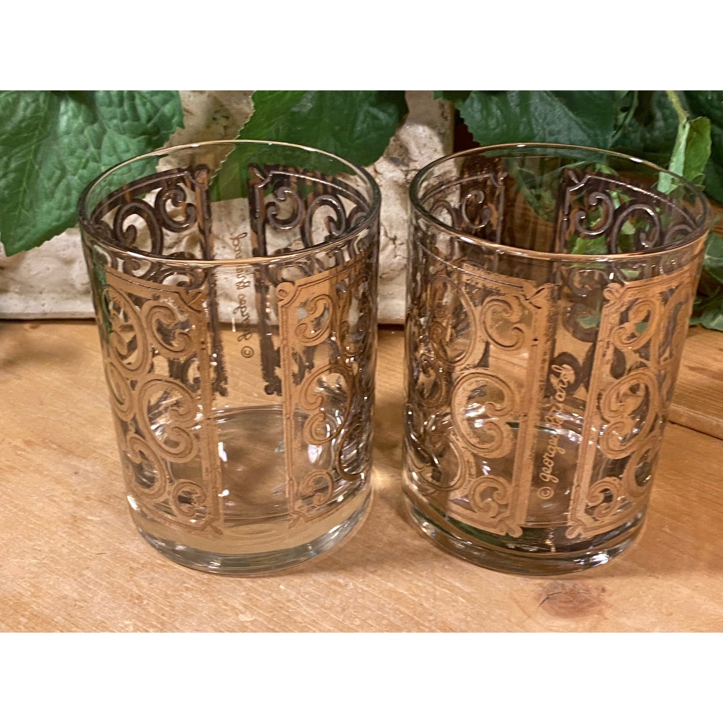 Vintage Spanish Scroll Double Old Fashioned Glasses - Set of 2 | Georges Briard | 22K Gold Filigree | Academia | Glasses with Gold Accents