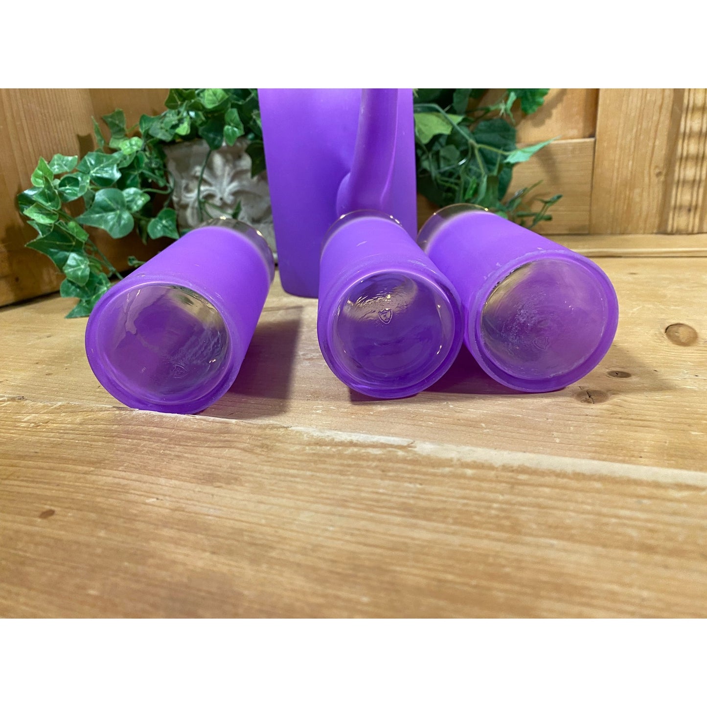 Vintage Blendo Frosted Purple Glass Pitcher and Tumblers - Set of 4 | Midcentury Modern Drinkware Set | Purple Ombre Glass Pitcher + Glasses