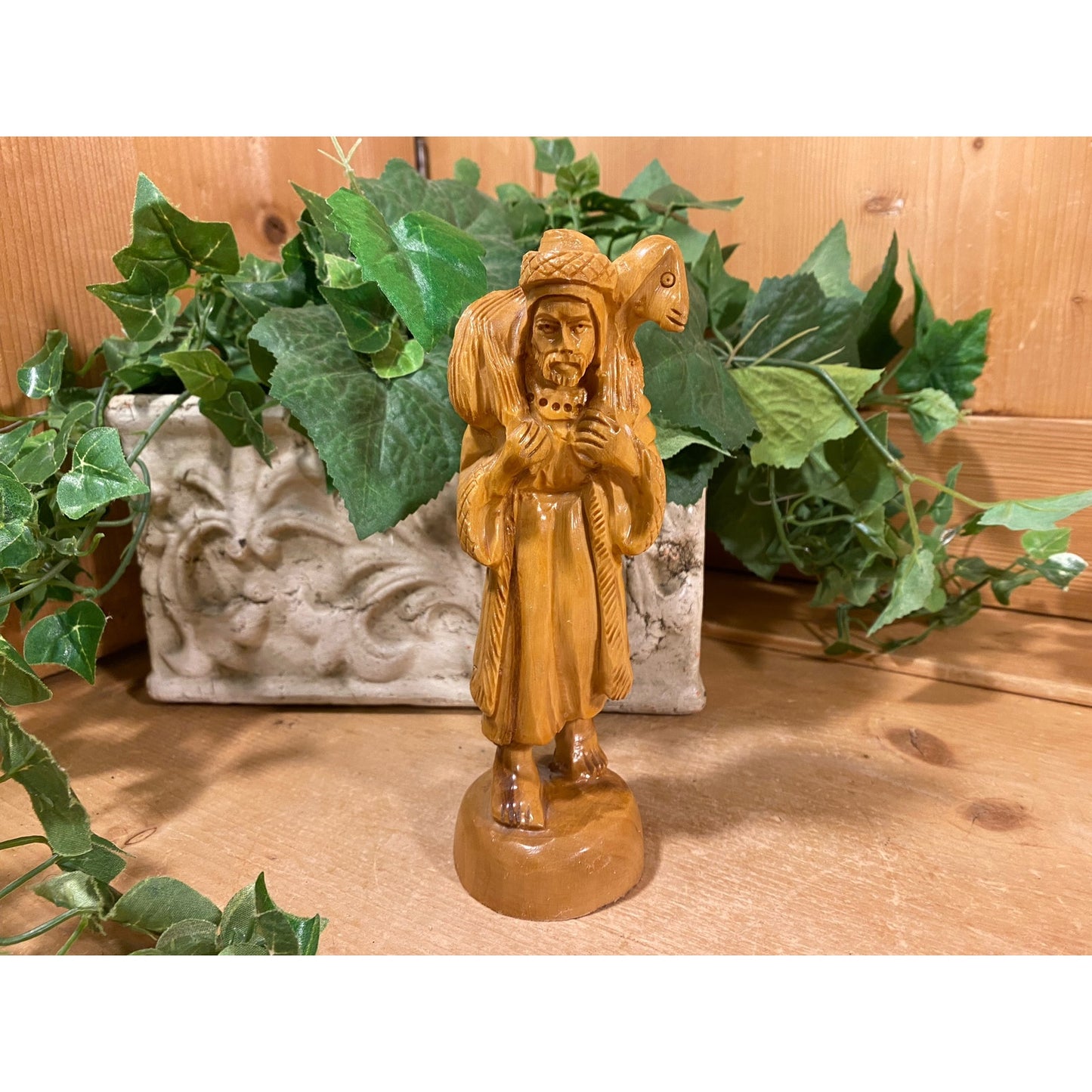 Vintage Carved Wood Shepherd with Lamb Figurine | Religious Decor | Good Shepherd Wooden Figurine | Christian | Farmhouse Shelf Decor | Lamb