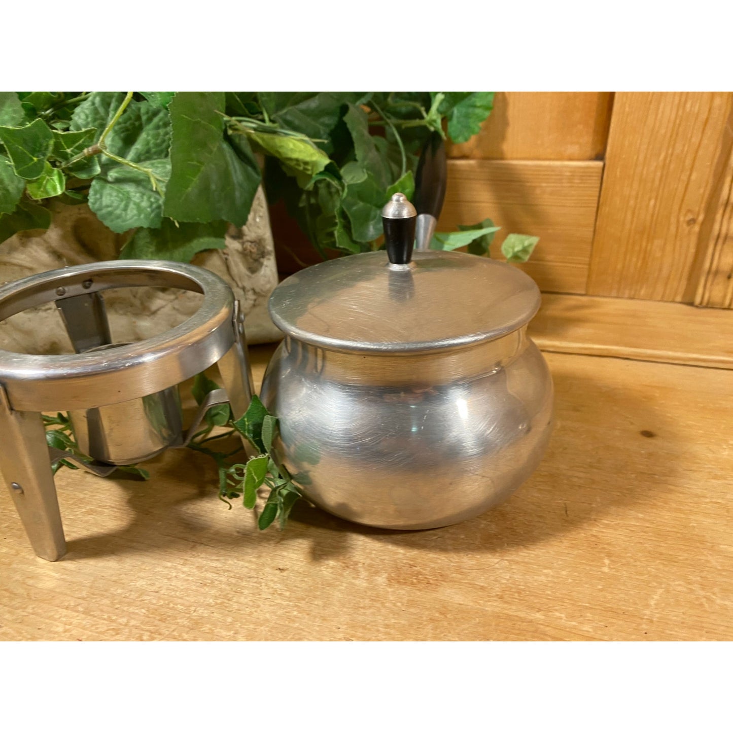 Vintage Aluminum Warming Pan 3 pc. Set | Fondue, Sauce, Milk | Spain | Pot, Base, Ladle | Aluminum + Black Bakelite | Midcentury Modern