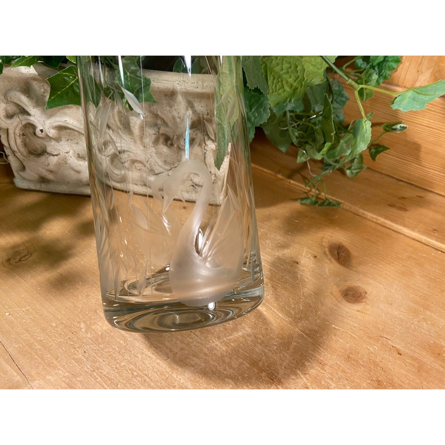 Vintage Clear Round Etched Glass Swan Vase | Round Glass Swan Flower Vase | Cottagecore Table Decor | Swans | Swan Decor | Etched Glass Vase