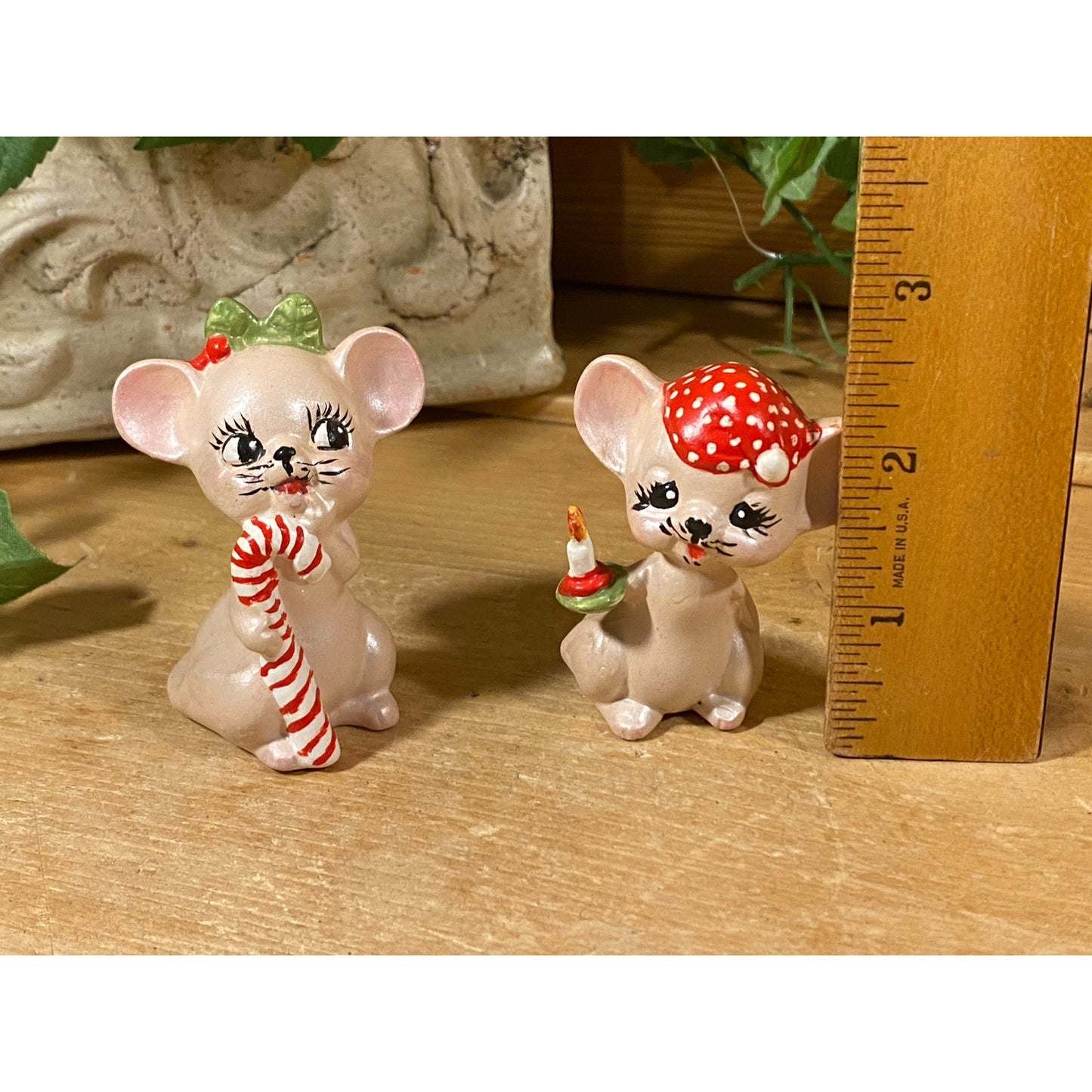 Vintage Christmas Mouse Figurines - Set of 2 | Christmas Mice | Candy Cane Mouse with Holly | Mouse with Red Hat, Candle | Midcentury Modern