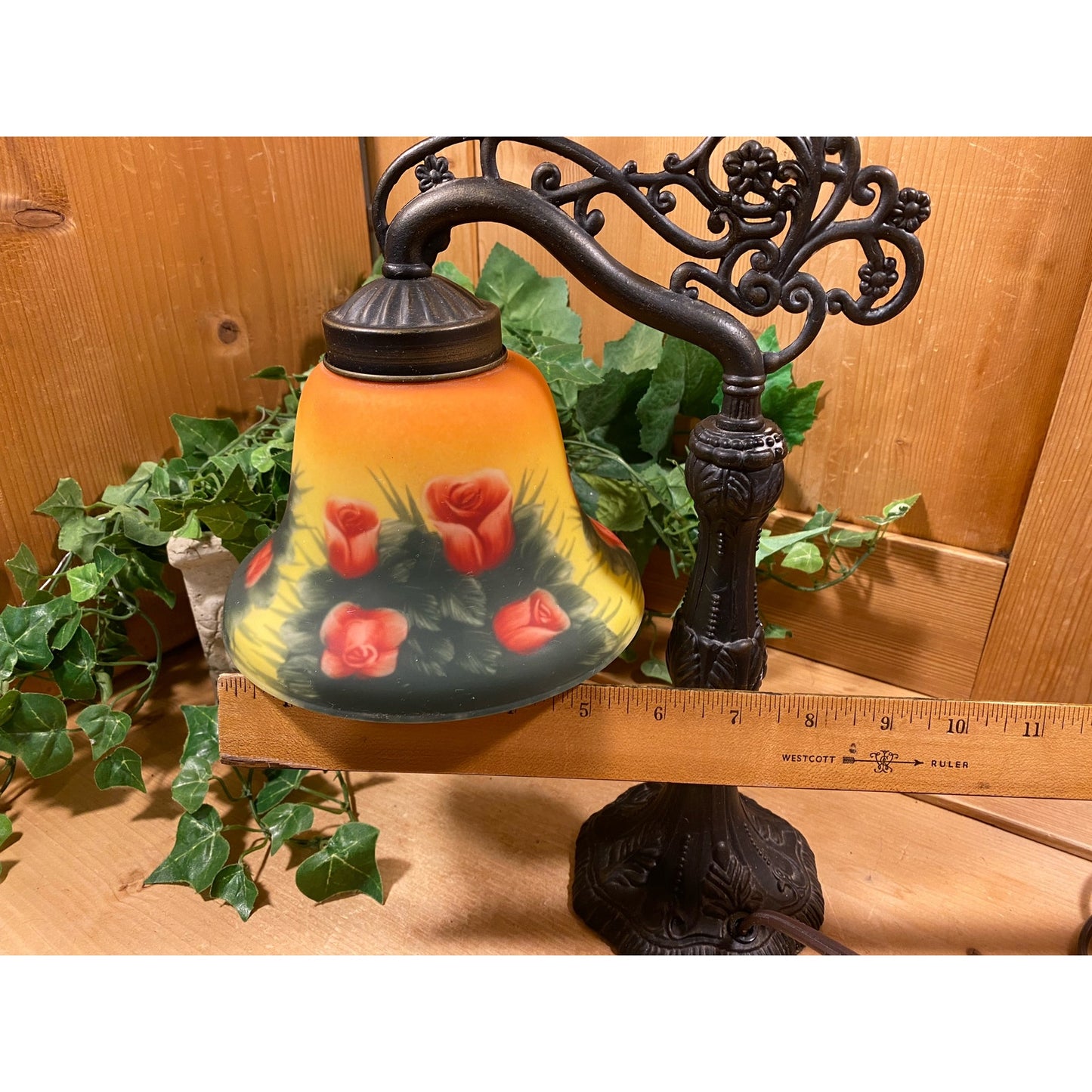 Vintage Handpainted Art Glass Table Lamp | Bridge Arm Victorian Accent Lamp | Art Glass Shade with Painted Roses | Ornate Metal Base