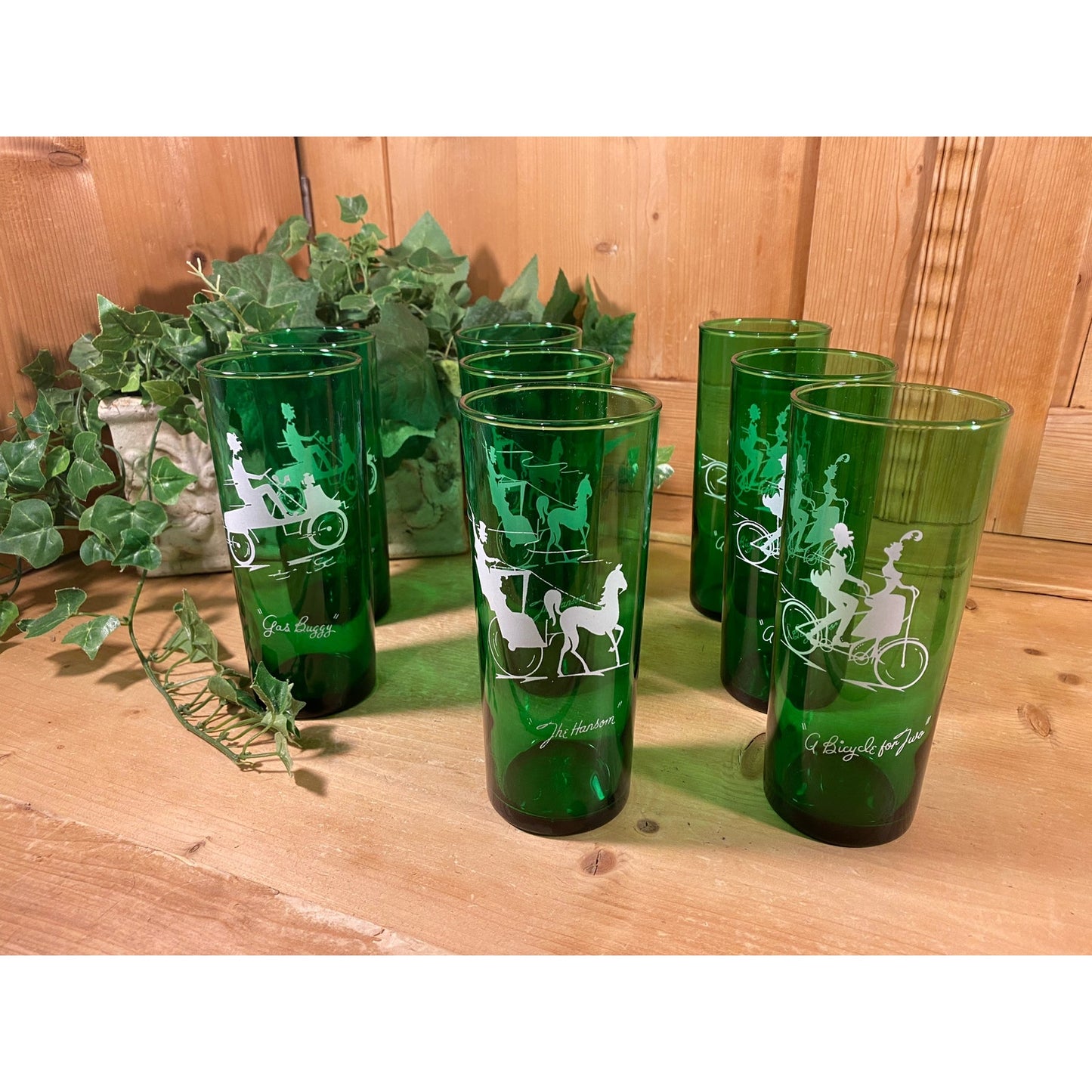 Vintage "Gay '90s Green Glass Drinking Glasses | Anchor Hocking | 3 Bicycle for Two, 2 Gas Buggy, 3 The Hansom | Green Glass Cups with 1890s