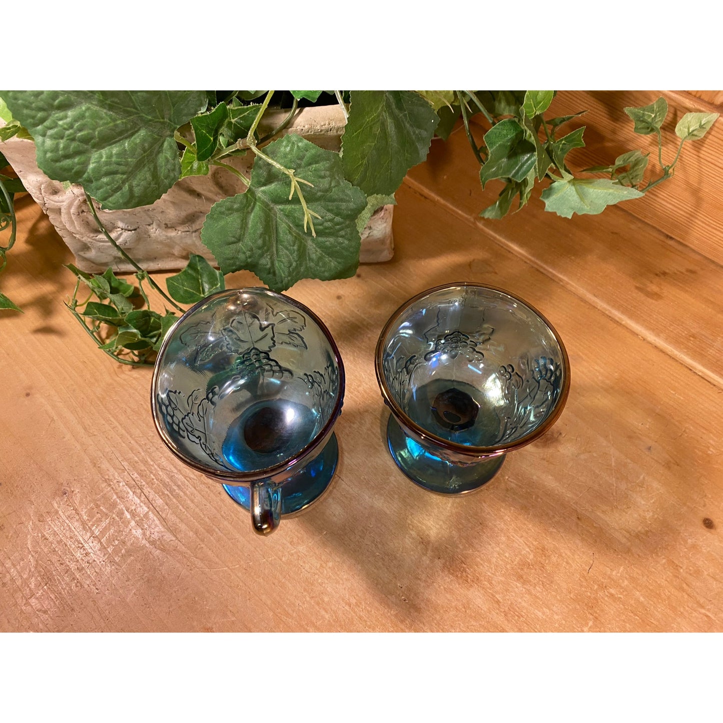 Vintage Harvest Grape Blue Carnival Glass Cream + Sugar Set | Indiana Glass | Shabby Chic | Iridescent Glass Cream Pitcher and Sugar Bowl