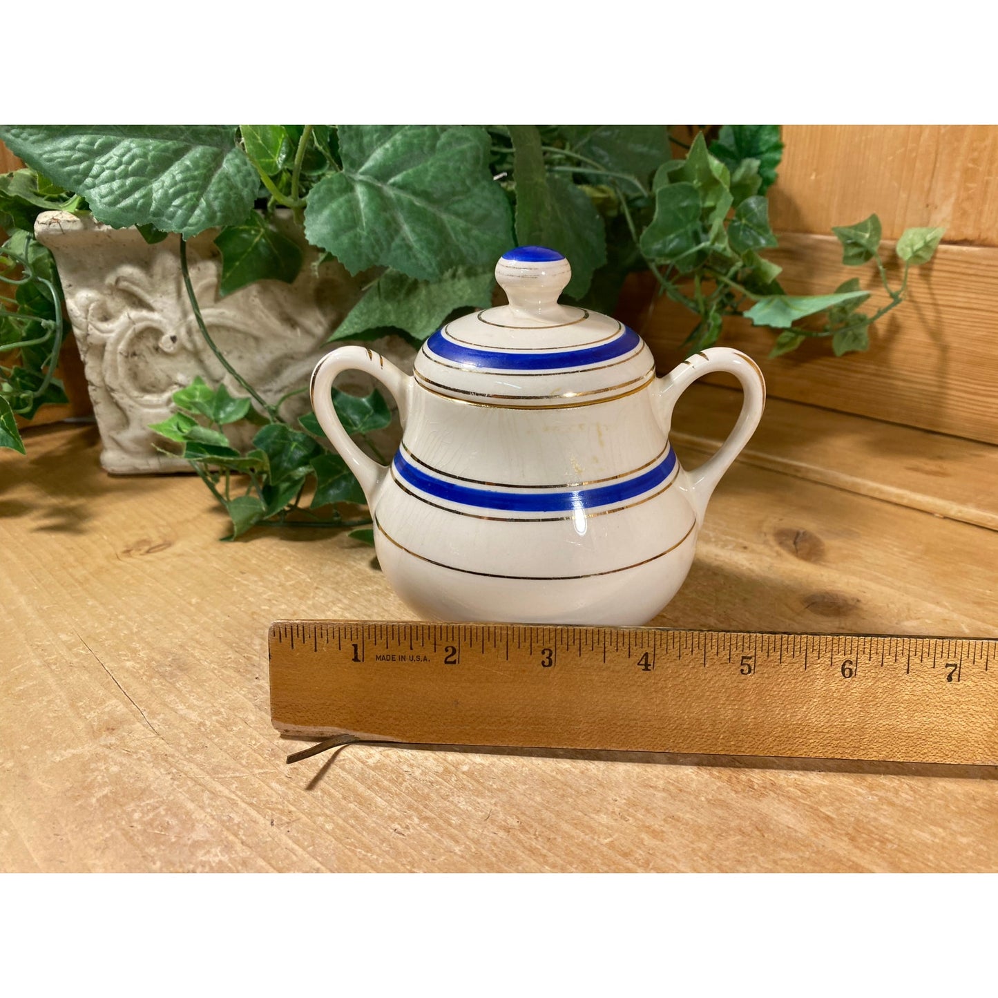 Vintage Striped Porcelain Sugar Bowl with Lid | Crooksville China Co. | Made In USA | Pasmantier Pattern | Blue and Gold | Victorian Tea