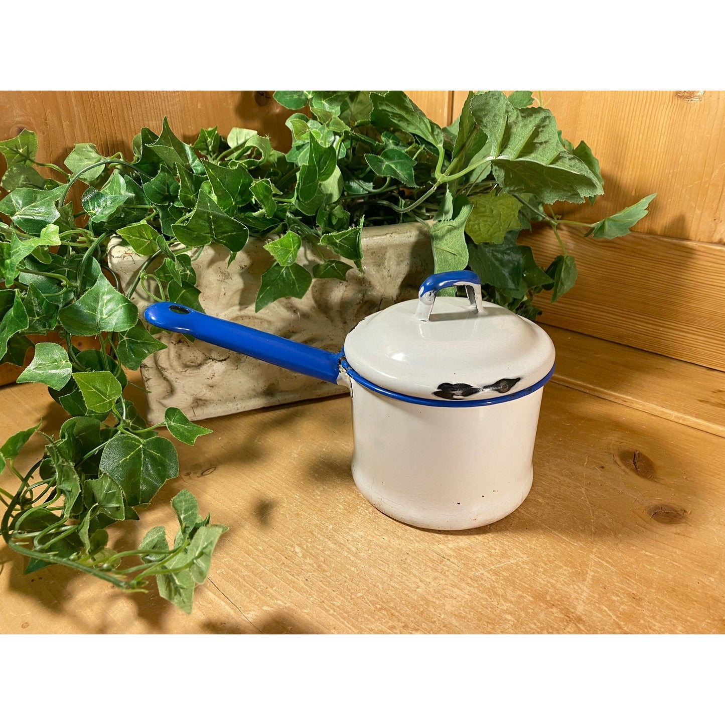Vintage White and Blue Enamel Sauce Pan with Lid | White + Blue Enamel Pot | Farmhouse Kitchen | White + Blue Enamel Cookware | Enamelware