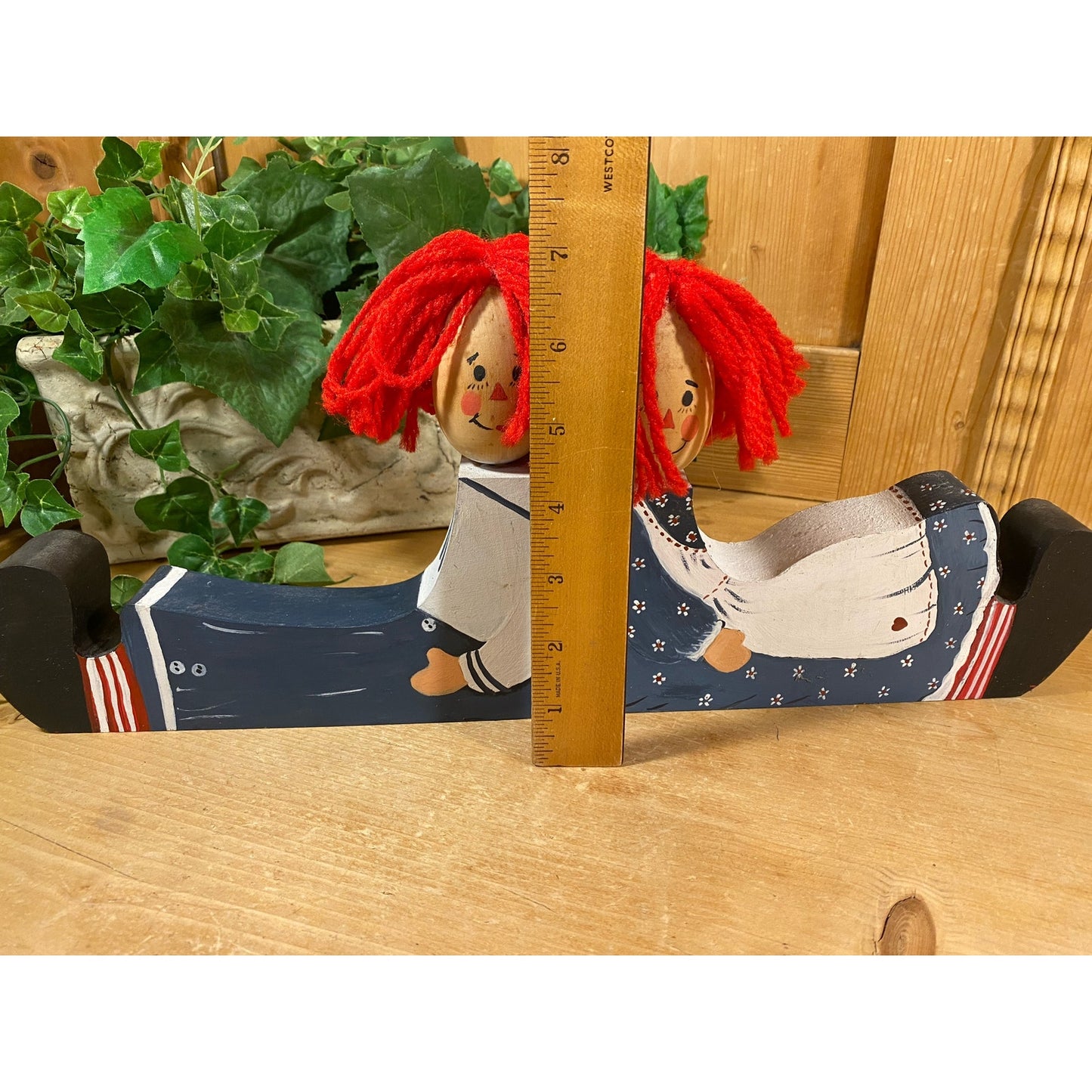 Vintage Raggedy Ann and Raggedy Andy Wooden Shelf Sitters with Yarn Hair - Set of 2 | Nursery Decor | Raggedy Ann & Andy Wood Doll Bookends