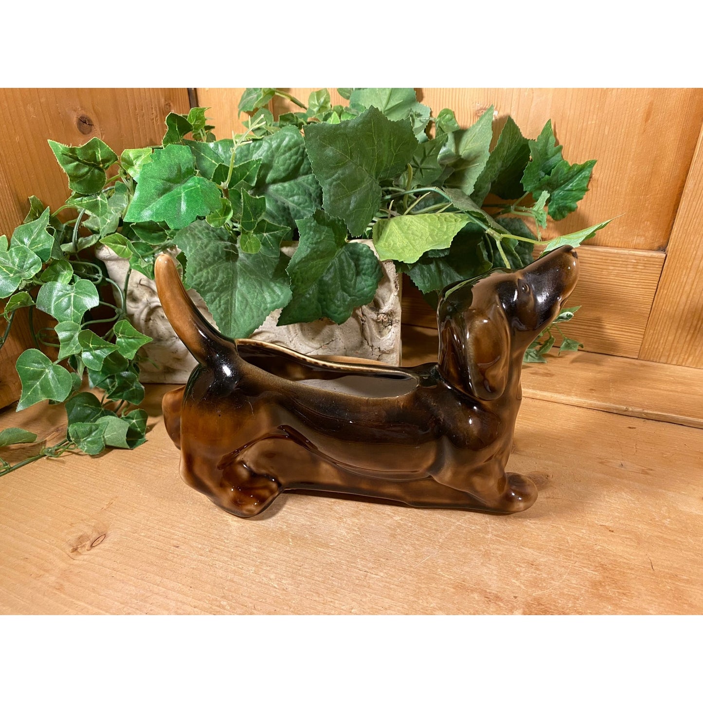 Vintage Brown Ceramic Dachshund Planter | Weiner Dog Planter | Midcentury Modern Table Decor | Vintage Brown Dog Planter | MCM Shelf Decor