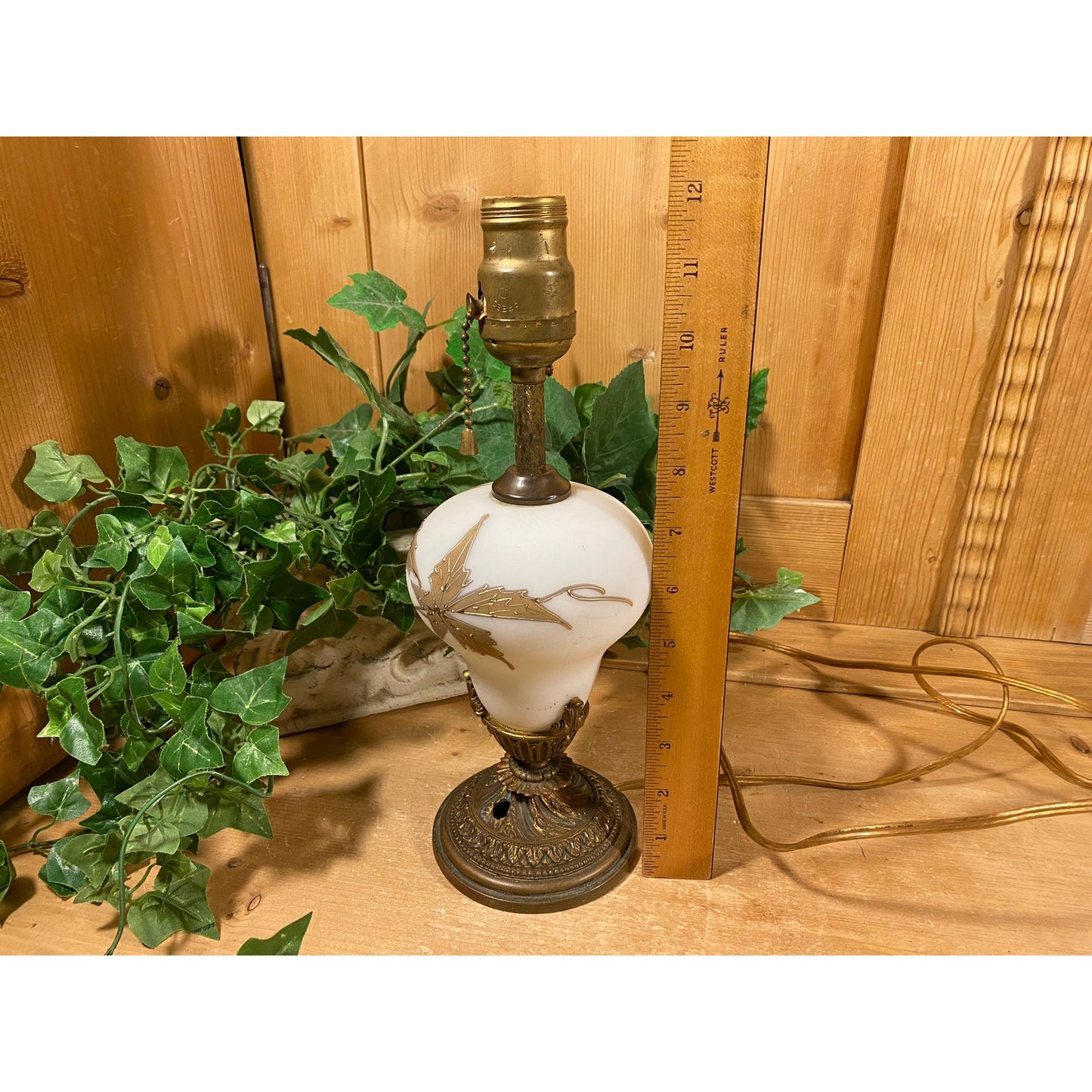 Vintage Frosted White Glass Lamp Base with Golden Leaves | Rewired Victorian Table Lamp | Shabby Chic Glass + Metal Living Room Lamp