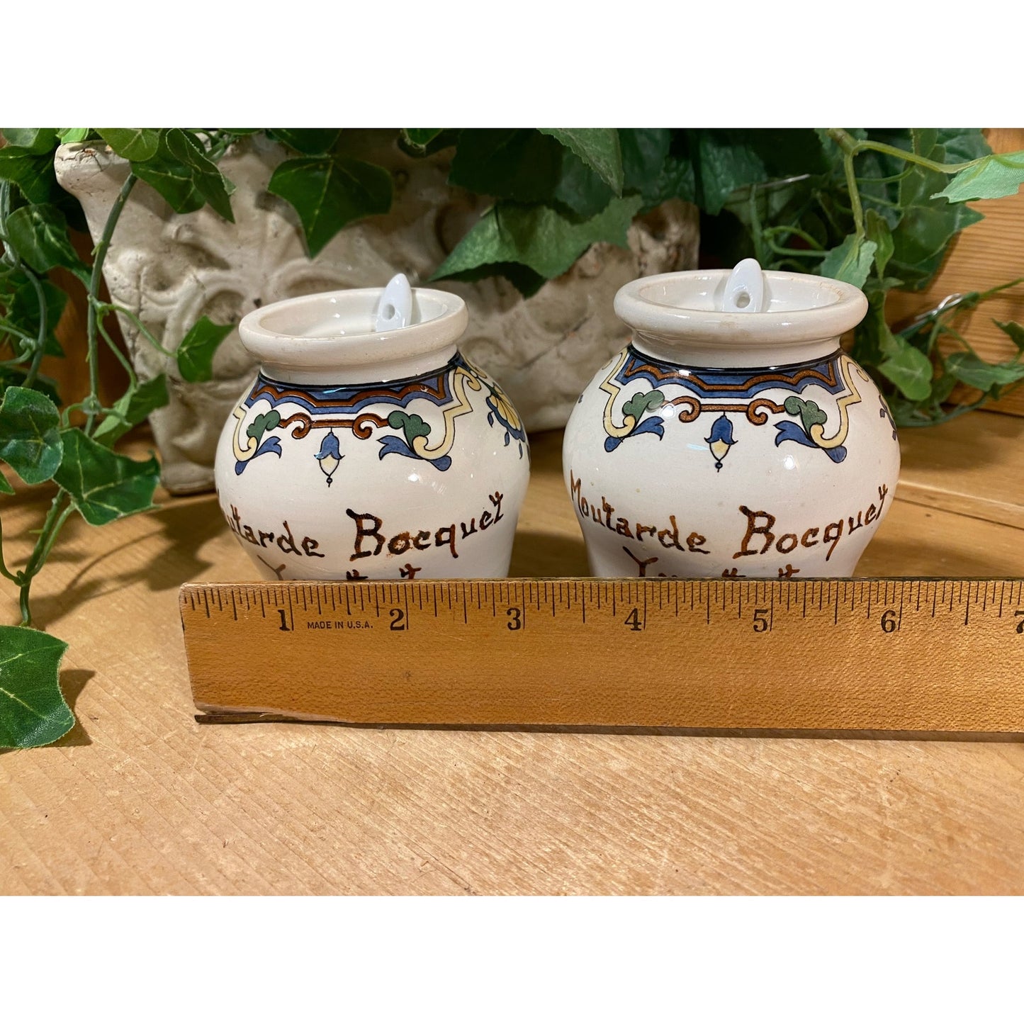 Vintage French Ceramic Mustard Jars with Spoons | Digoin & Sarreguemines | Cottagecore Kitchen Shelf Decor | French Mustard Pots (no lids)