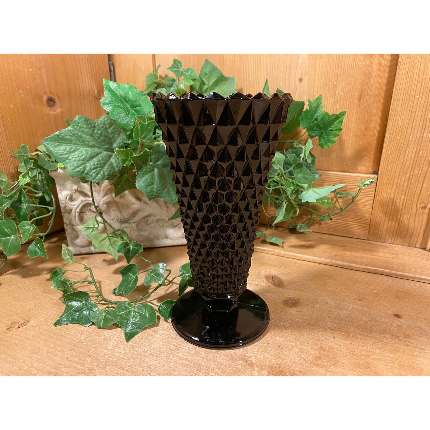 Vintage Black Amethyst Tiara Glass Flower Vase | Indiana Glass | Diamond Point Black Glass Vase | Midcentury Modern Table Decor | Academia