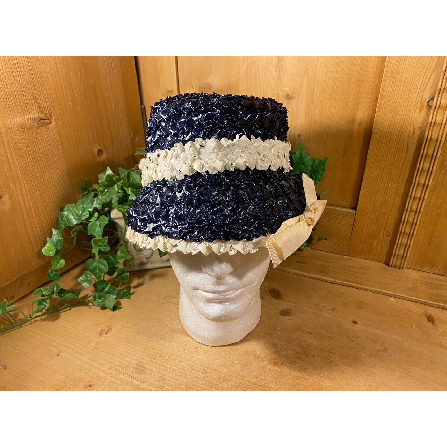 Vintage Blue Cello Straw Hat with Ivory Trim | Rikes Duby | Midcentury Modern | Navy Blue Cello Straw Hat | Costume | MCM | Womens Fashion