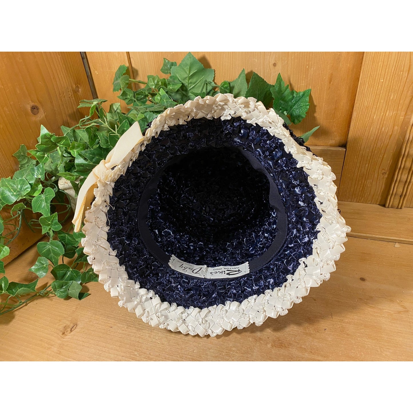 Vintage Blue Cello Straw Hat with Ivory Trim | Rikes Duby | Midcentury Modern | Navy Blue Cello Straw Hat | Costume | MCM | Womens Fashion