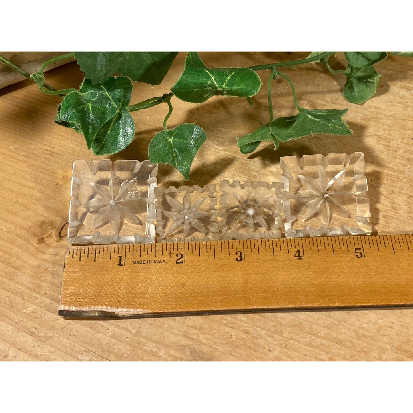Vintage Clear Lucite Starburst Jewelry: 2 Clip-On Earrings and 2 Buttons | Midcentury Modern Jewelry Set | Matching Plastic Earrings/Buttons