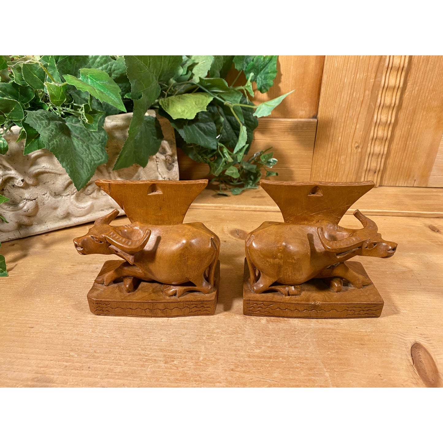 Vintage Carved Wooden Water Buffalo Bookends | Carved Wood Cow Bookends | Bohemian Bookshelf Decor |  Boho Shelf Decor | Cattle Bookends