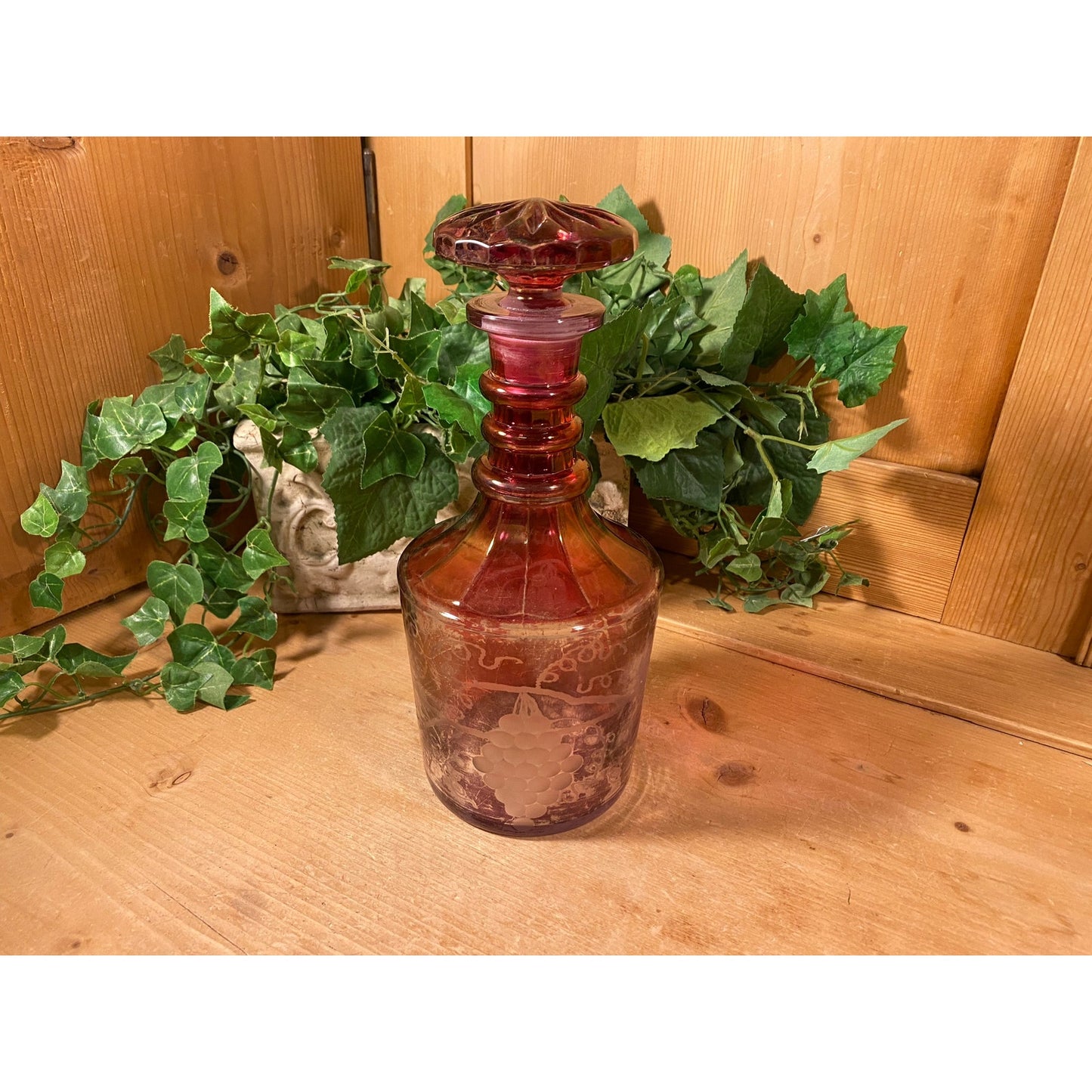 Vintage Etched Glass Wine Decanter with Glasses - Set of 5 | Imperial | Etched Glass with Grapes, Grapevines | Wine Decanter Set | Victorian