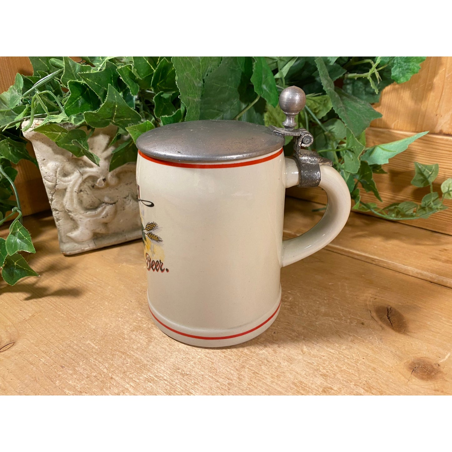 Vintage Ceramic Olympia Beer Stein | Good Luck Horseshoe | Tumwater | White Beer Mug with Pewter Lid | Ceramarte Beer Stein | Retro Barware