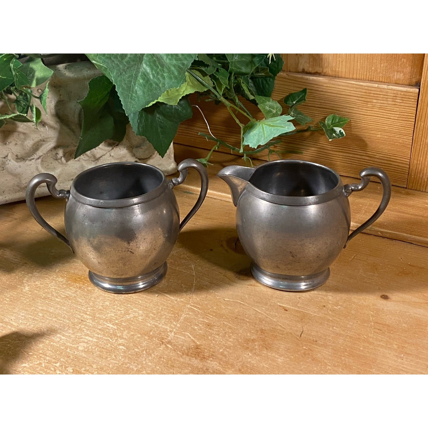 Vintage Pilgrim Pewter Sugar Bowl and Creamer - Set of 2 | Academia | Metal Sugar Bowl + Cream Pitcher | Cream and Sugar Set | Victorian